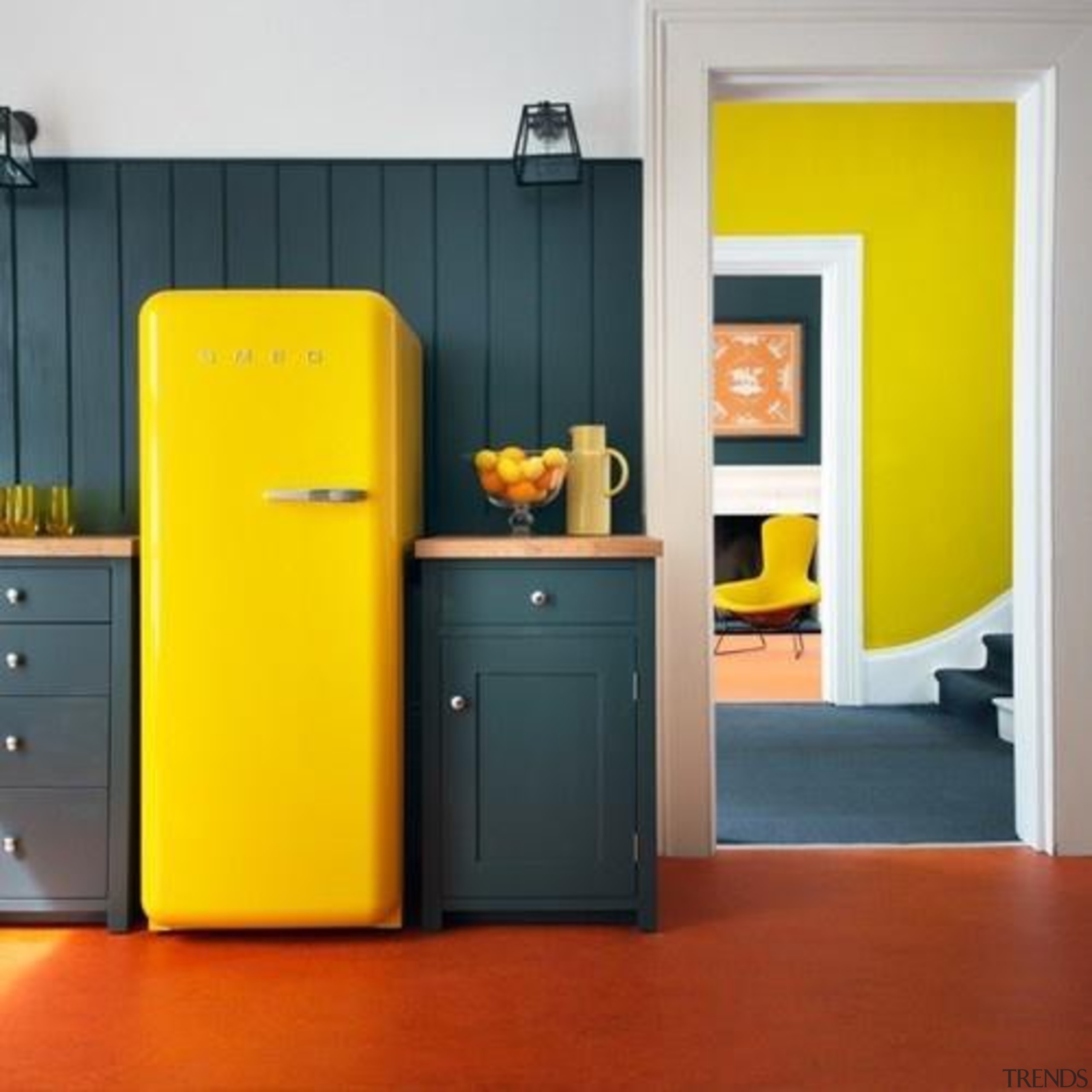 Smeg Fab fridge in lemon yellow brings more door, furniture, interior design, orange, product, shelf, yellow