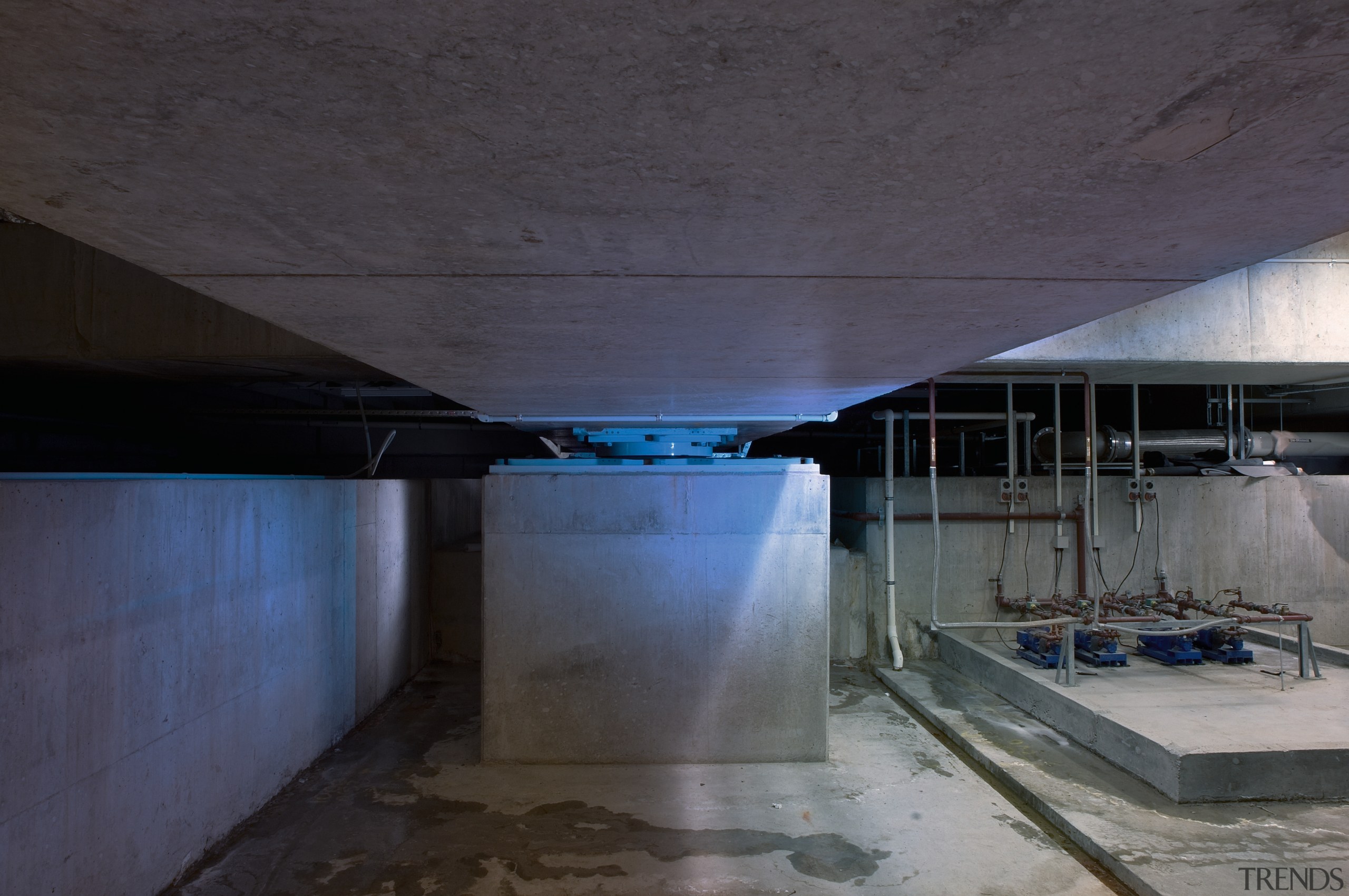 View of earthquake protection system at base of architecture, ceiling, daylighting, infrastructure, light, sky, structure, subway, black, gray