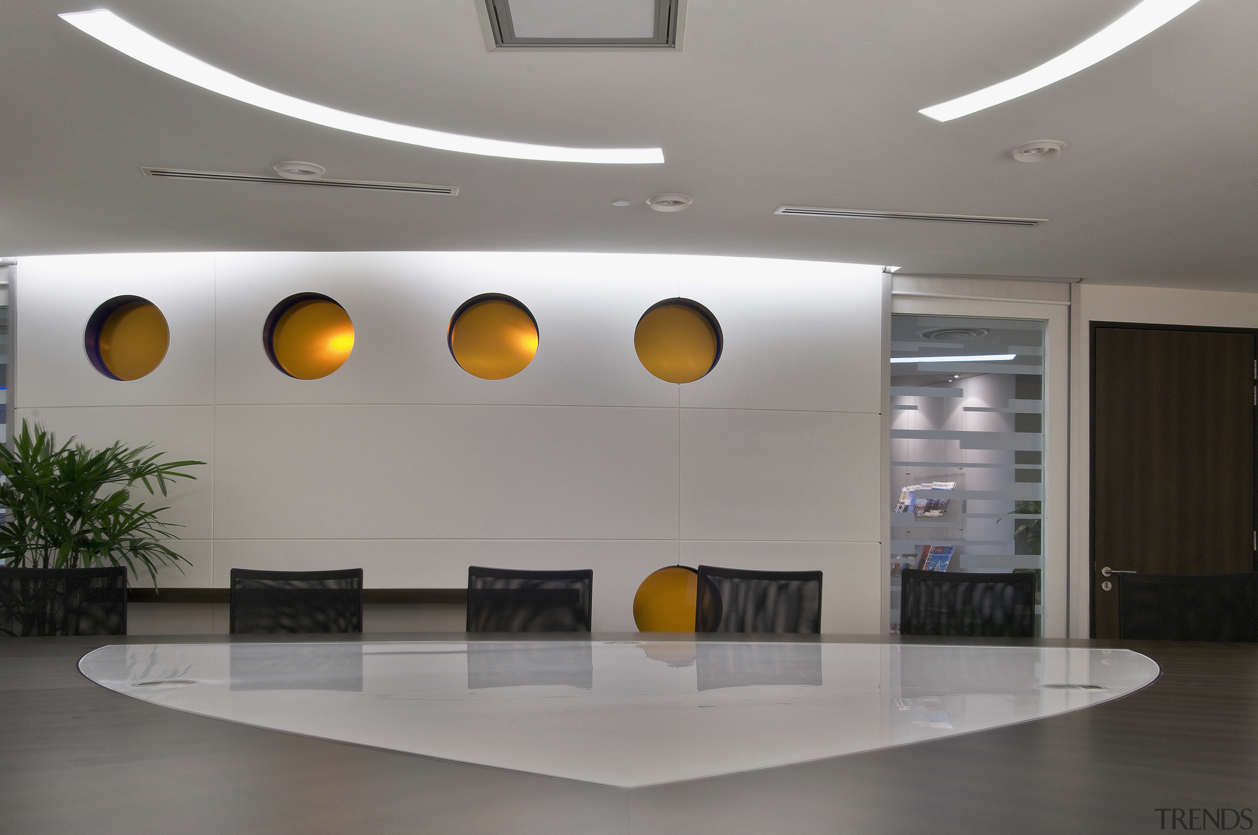 view of the boardroom which features a sail-shaped ceiling, interior design, lobby, product design, gray