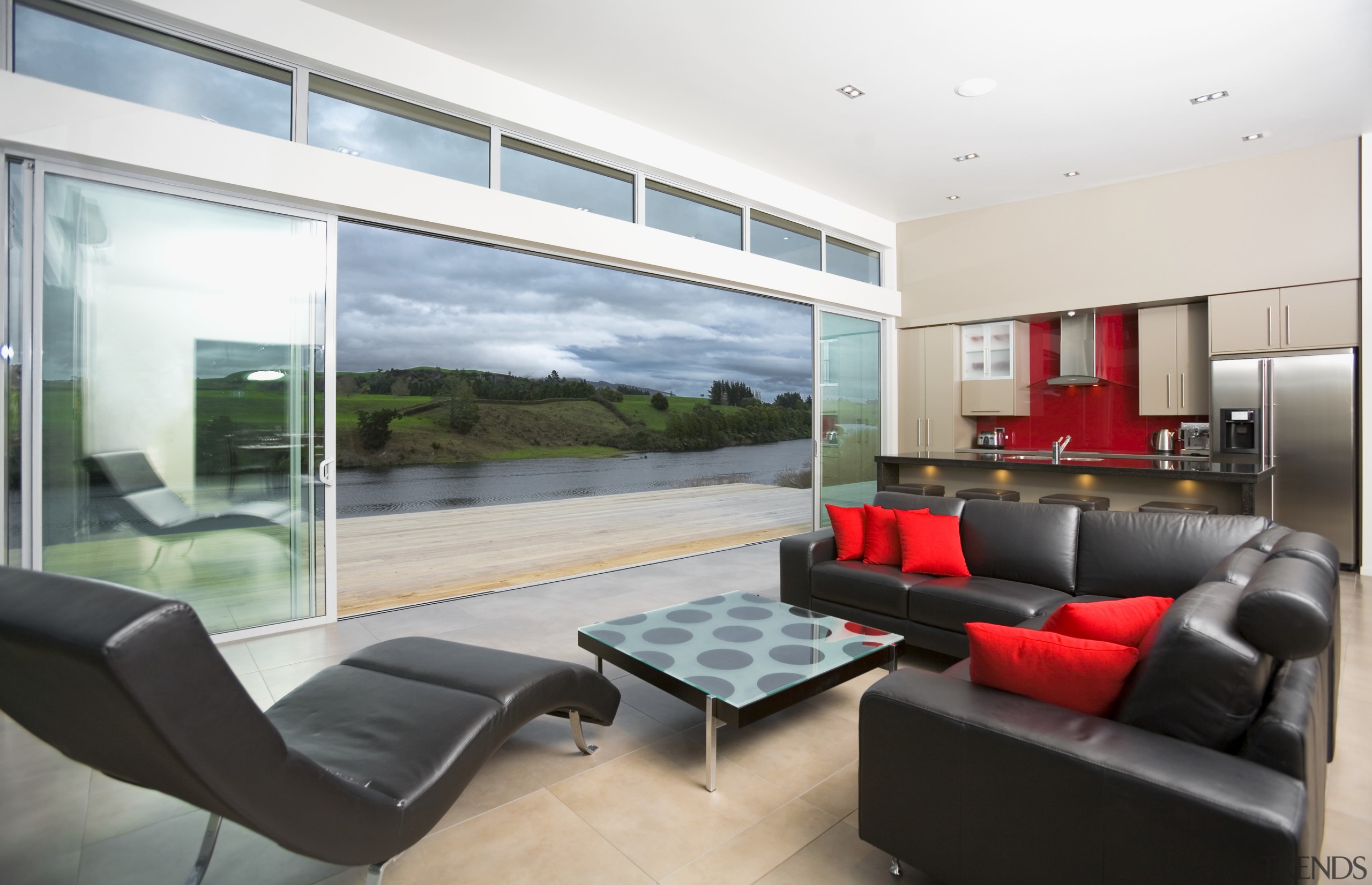 A view of the living and kitchen area, house, interior design, living room, property, real estate, window, white, gray