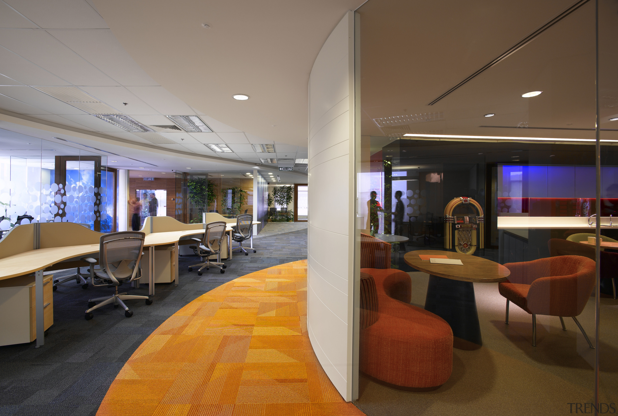 View of office workstations which feature curved desks, architecture, ceiling, interior design, lobby, office, brown, gray