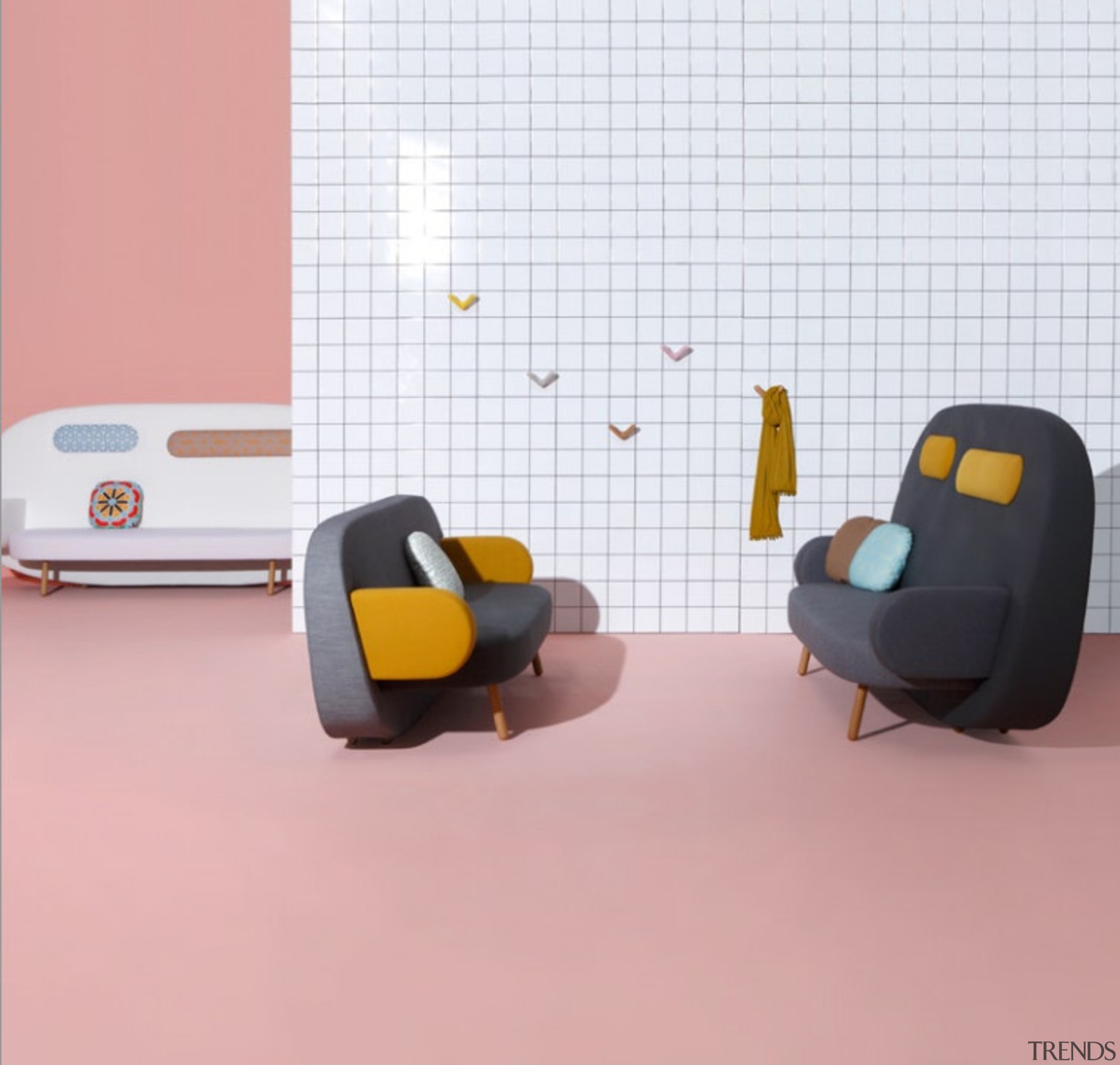 A playful mix of shapes, colours and textures chair, design, flightless bird, floor, furniture, interior design, product, product design, table, pink, white