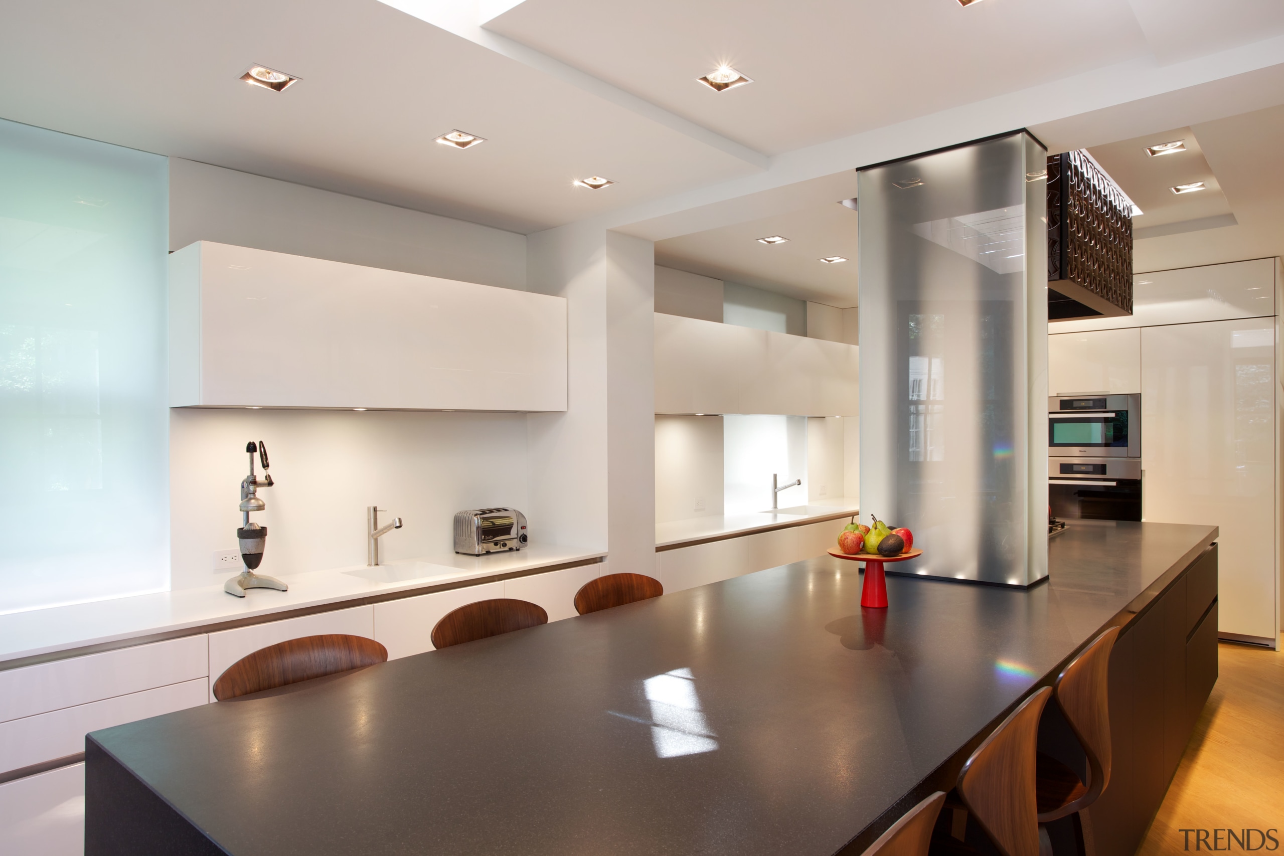 Windows on the rear wall of this kitchen ceiling, countertop, interior design, kitchen, real estate, table, gray