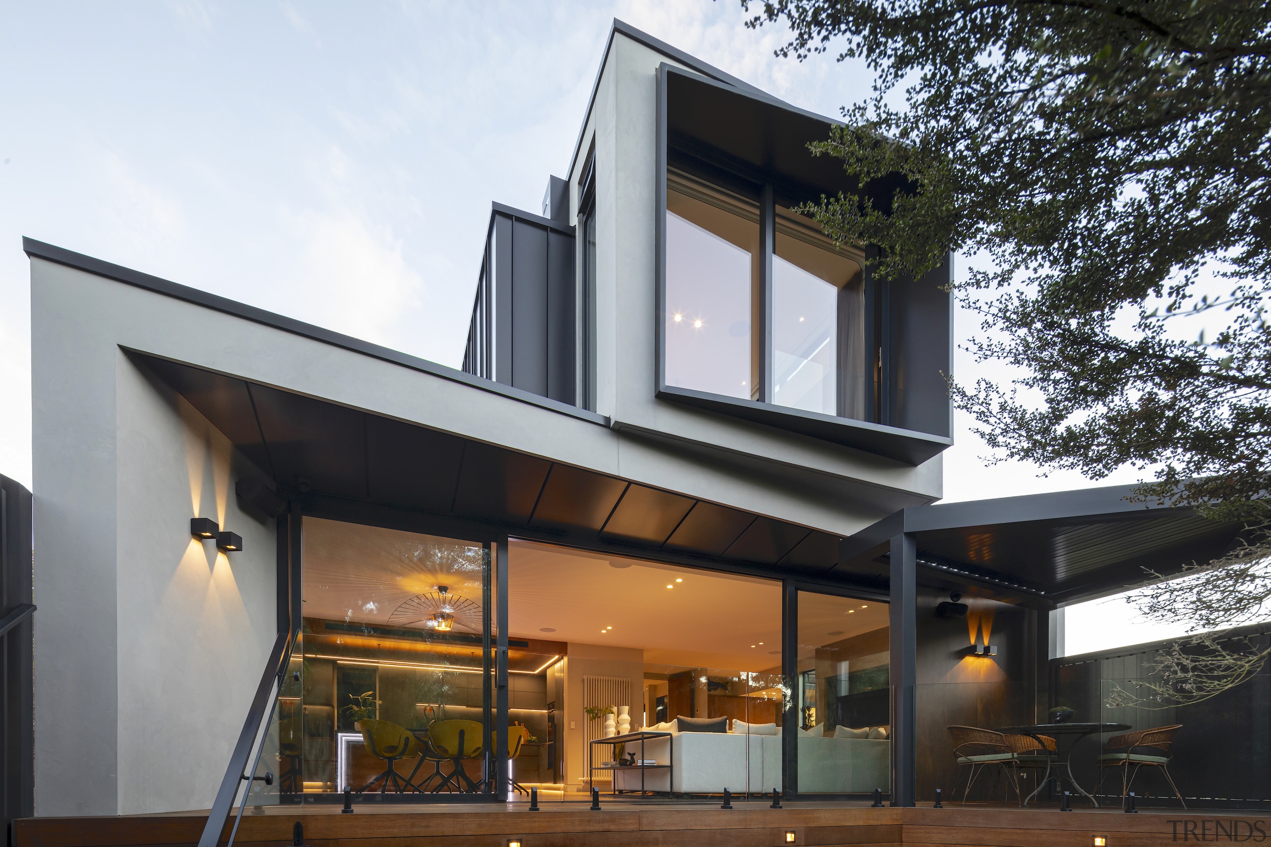 An angled roof with a custom twisted black 