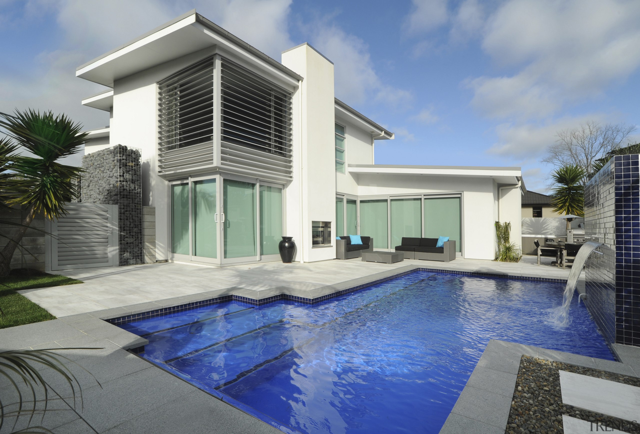 A new pool, by Mayfair pools, featuring a architecture, elevation, estate, facade, home, house, property, real estate, swimming pool, villa, window, gray