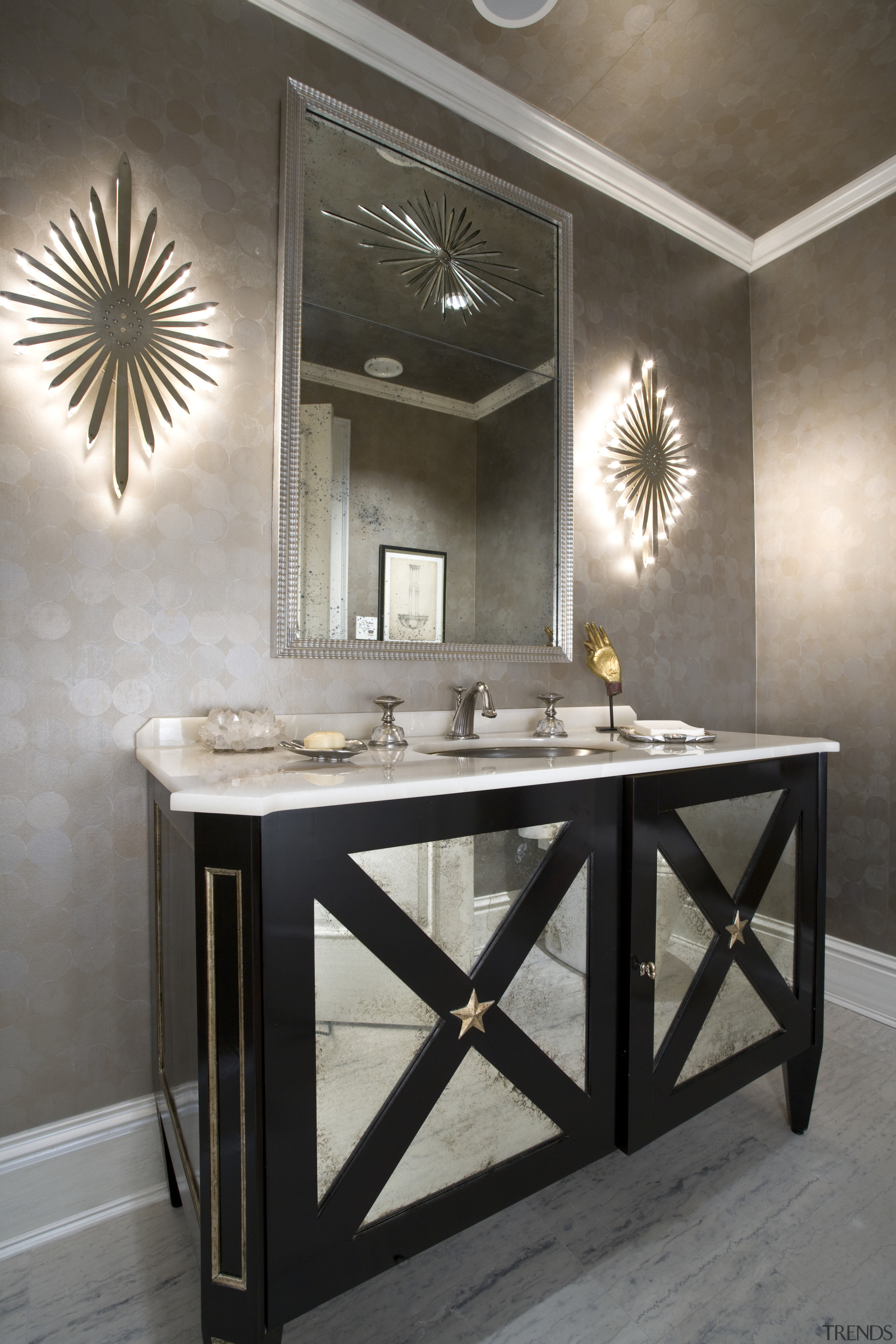 Image of the bathroom which have been designed ceiling, countertop, floor, flooring, furniture, interior design, sink, table, tile, gray, black