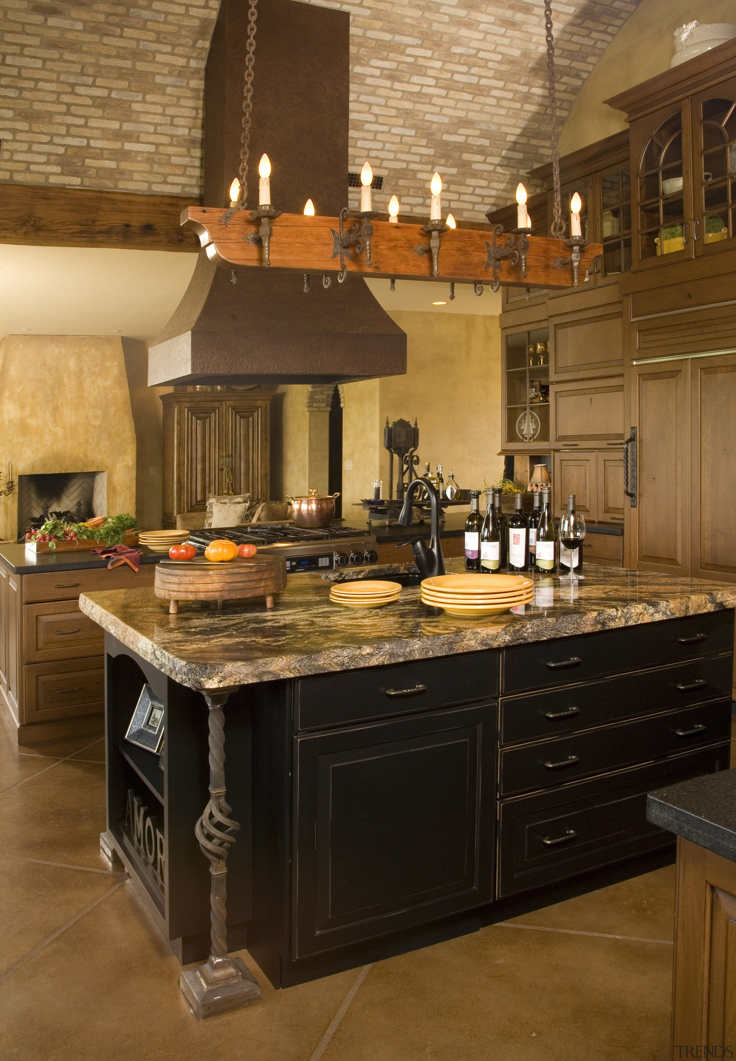 View of kitchen with barrel ceiling, light cabinets cabinetry, countertop, cuisine classique, flooring, hardwood, interior design, kitchen, room, brown