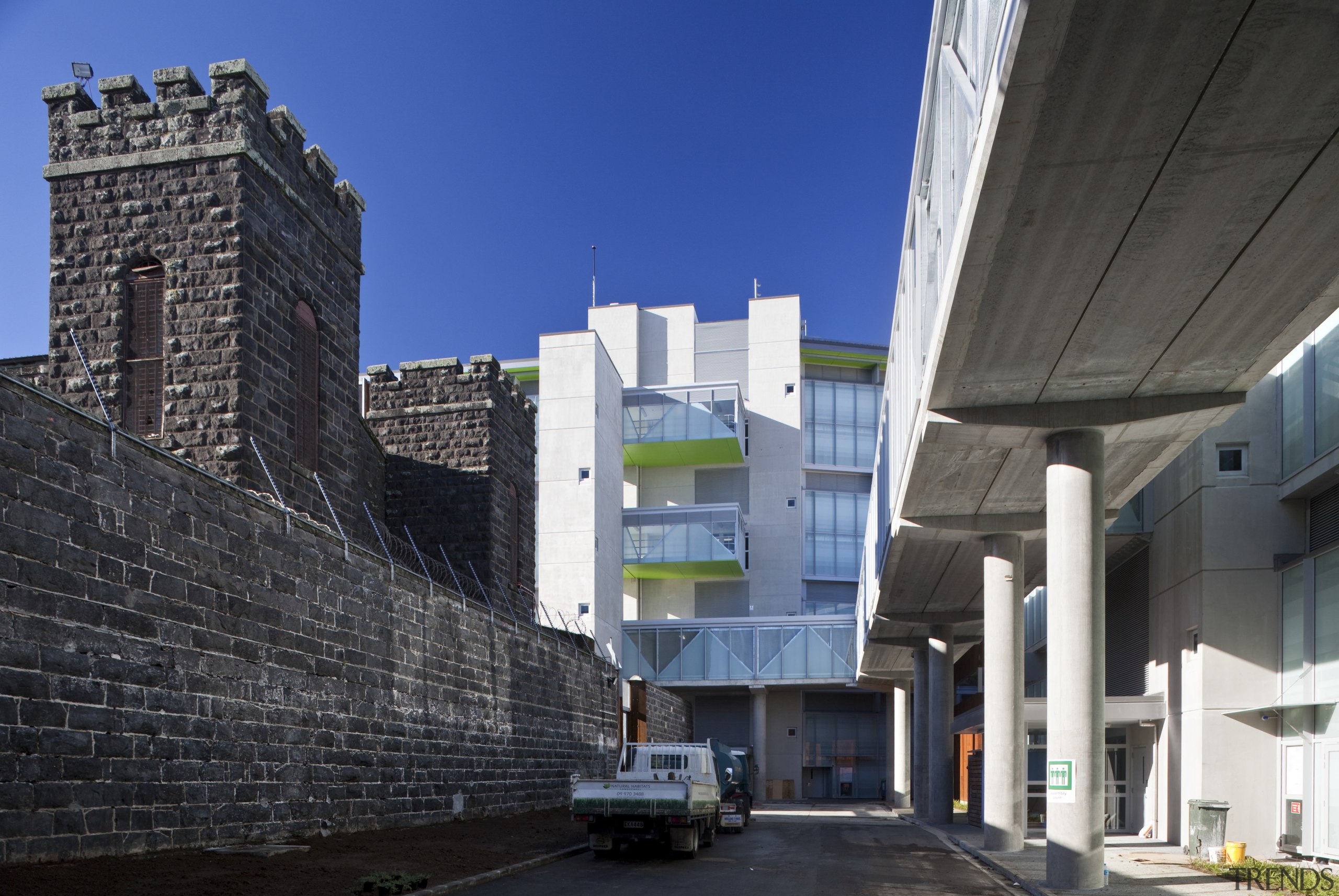 View of work done at Mt Eden prison apartment, architecture, brutalist architecture, building, condominium, facade, metropolis, metropolitan area, neighbourhood, residential area, sky, skyscraper, black