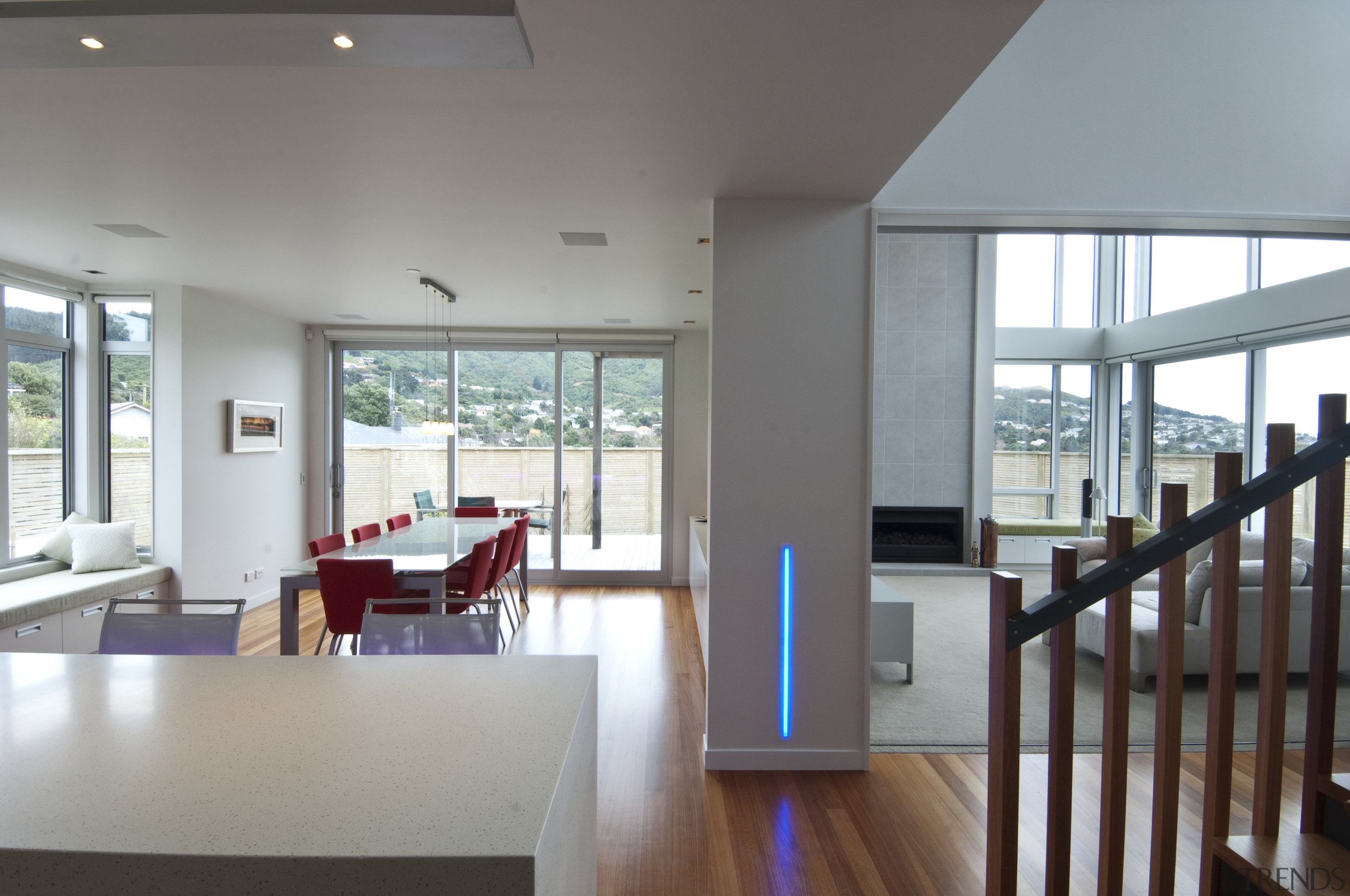 VIew of open plan dining and kitchen area architecture, daylighting, floor, house, interior design, property, real estate, window, gray