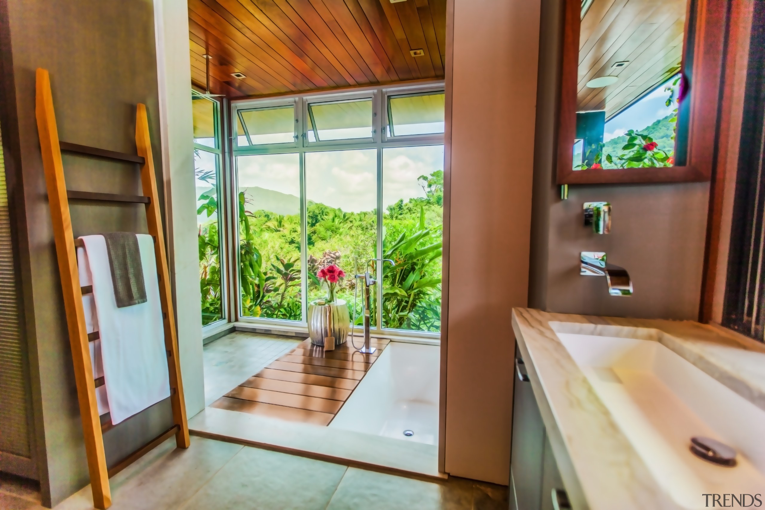 A broad timber ladder as towel rail seems architecture, bathroom, building, floor, home, house, interior design, property, real estate, room, brown