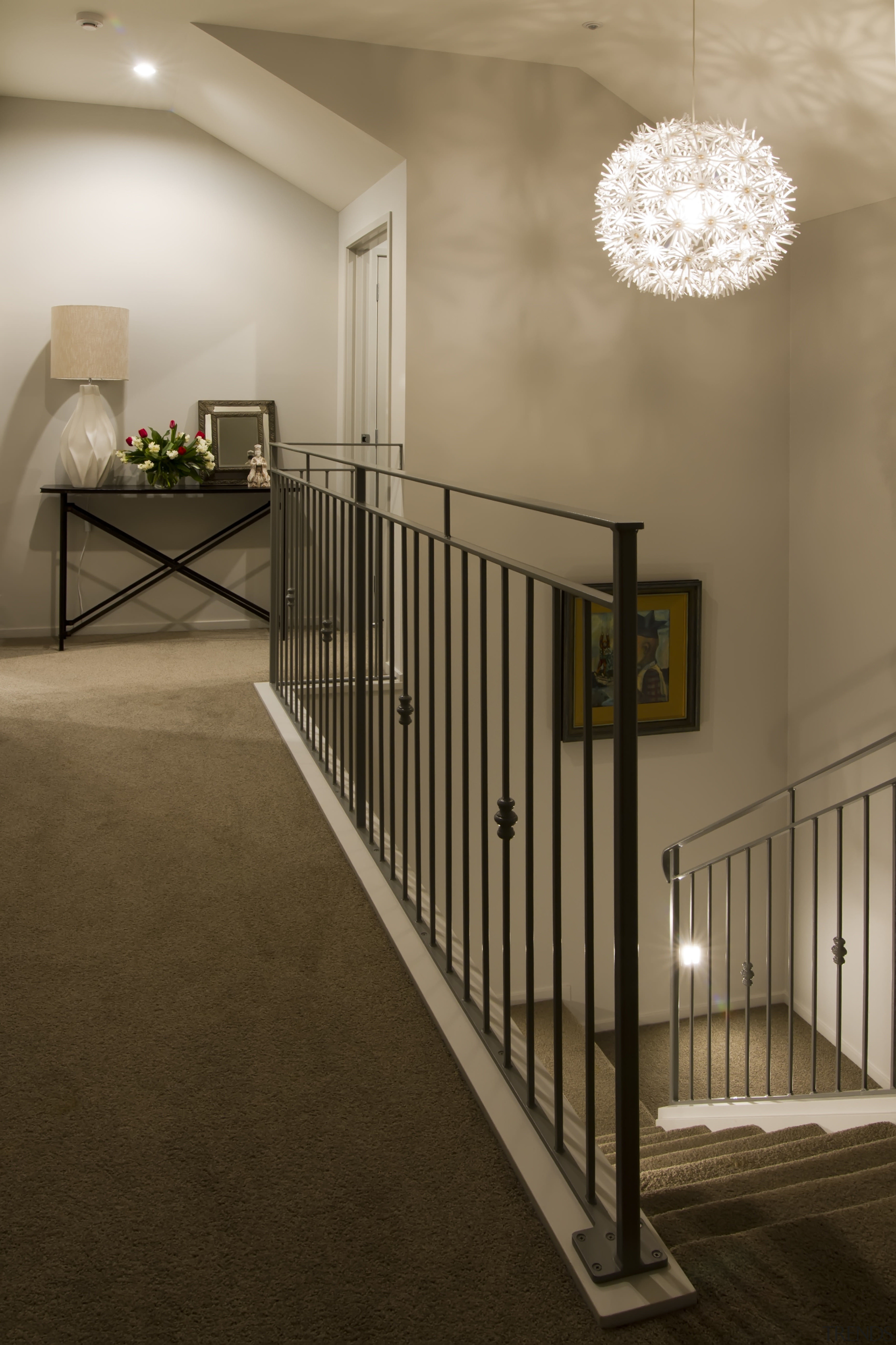 View of the top end of the stairs. baluster, ceiling, floor, flooring, handrail, home, house, interior design, iron, product, stairs, wood, brown