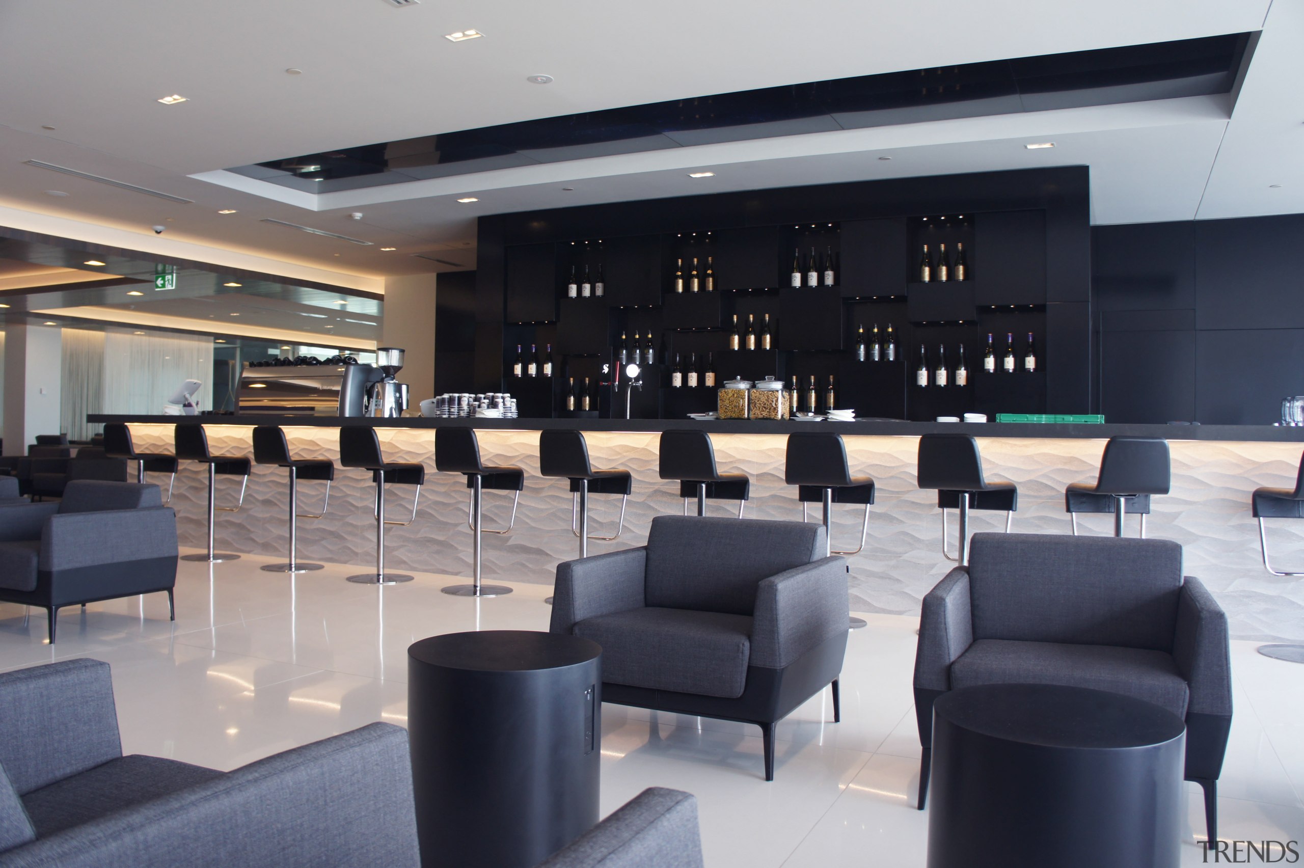 In this new Air New Zealand International Lounge interior design, lobby, gray, black
