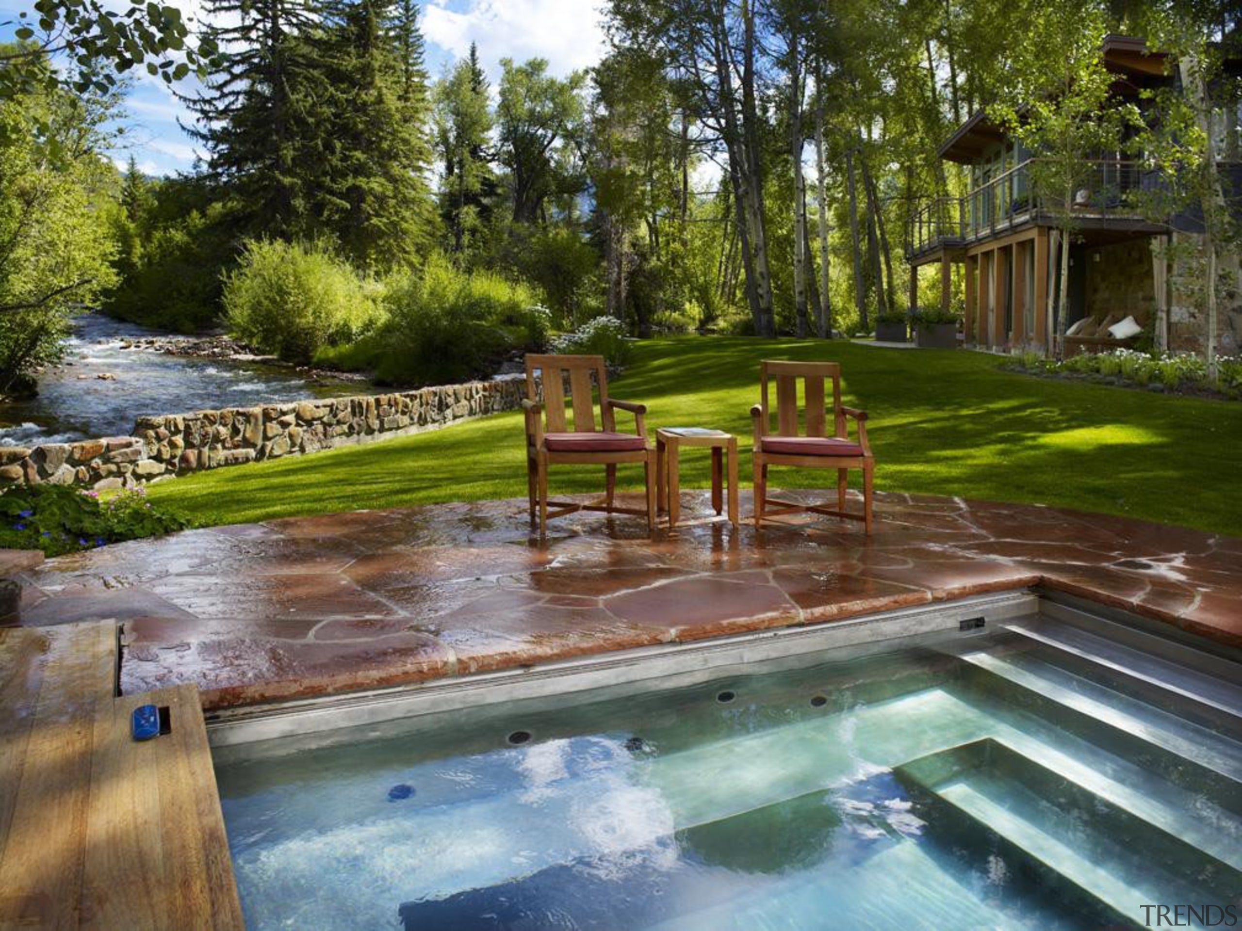 Custom Spa with Ascending Stairway, Bench Seating, LED backyard, estate, landscape, landscaping, outdoor structure, pond, property, real estate, swimming pool, tree, water, water feature, wood, yard, brown, gray