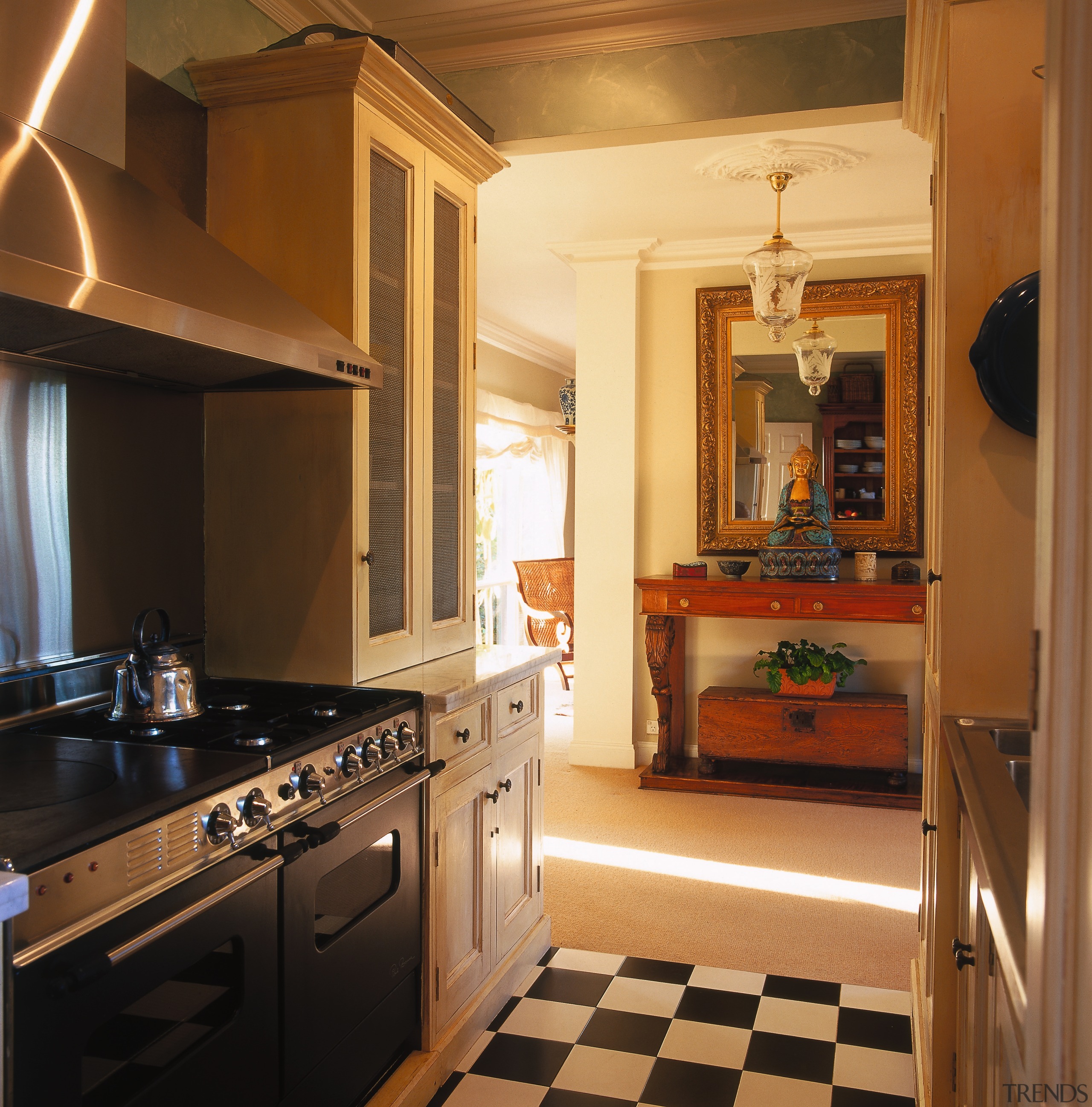 Classic style kitchen with contemporary stainless steel oven cabinetry, countertop, cuisine classique, flooring, home, interior design, kitchen, real estate, room, brown, orange