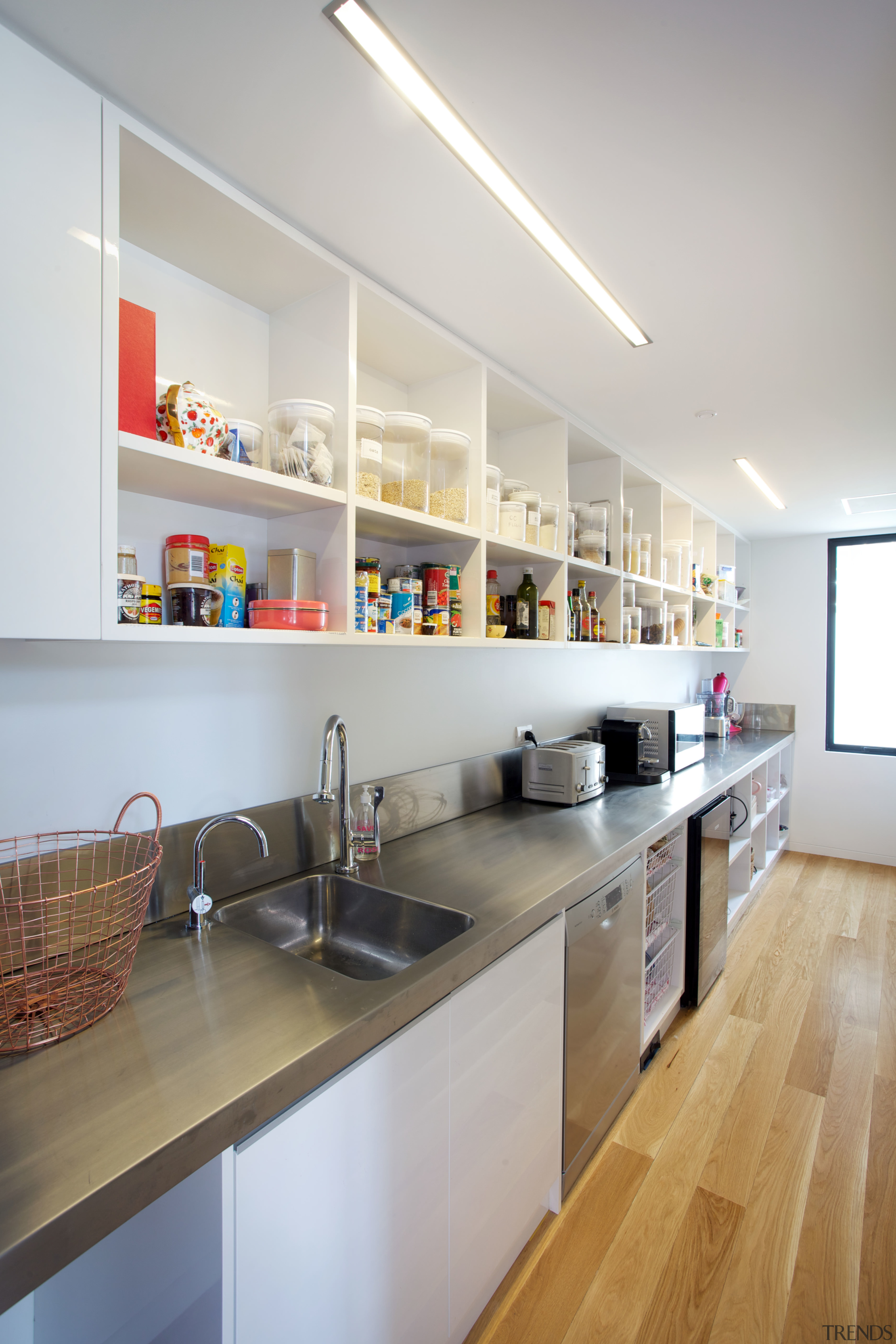 Stainless steel creates a durable benchtop for this cabinetry, countertop, interior design, kitchen, gray