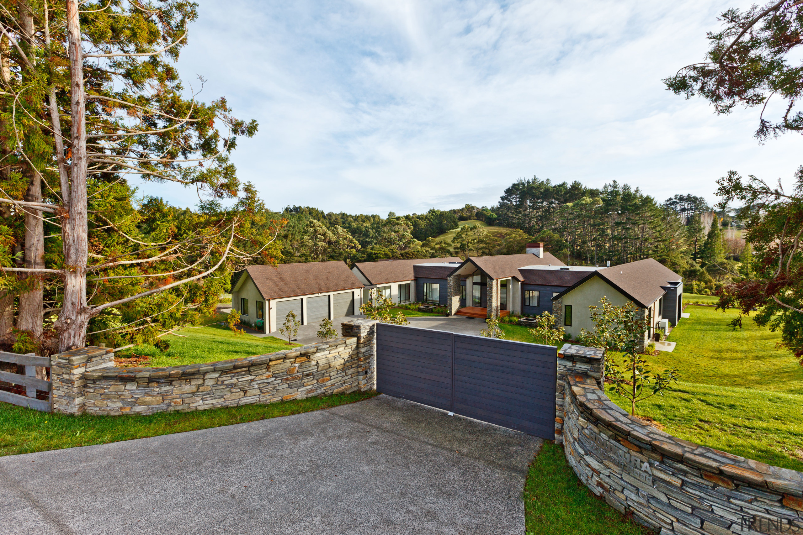 Warm welcome  a cedar weatherboard gate and cottage, estate, home, house, property, real estate, tree, yard, brown, white