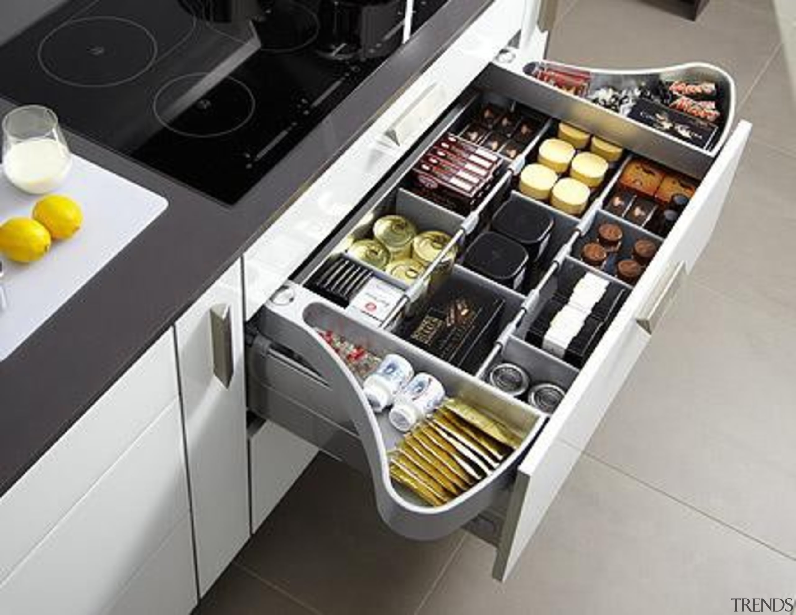 Moving compartments that swing out to the side furniture, kitchen, product, product design, gray, black