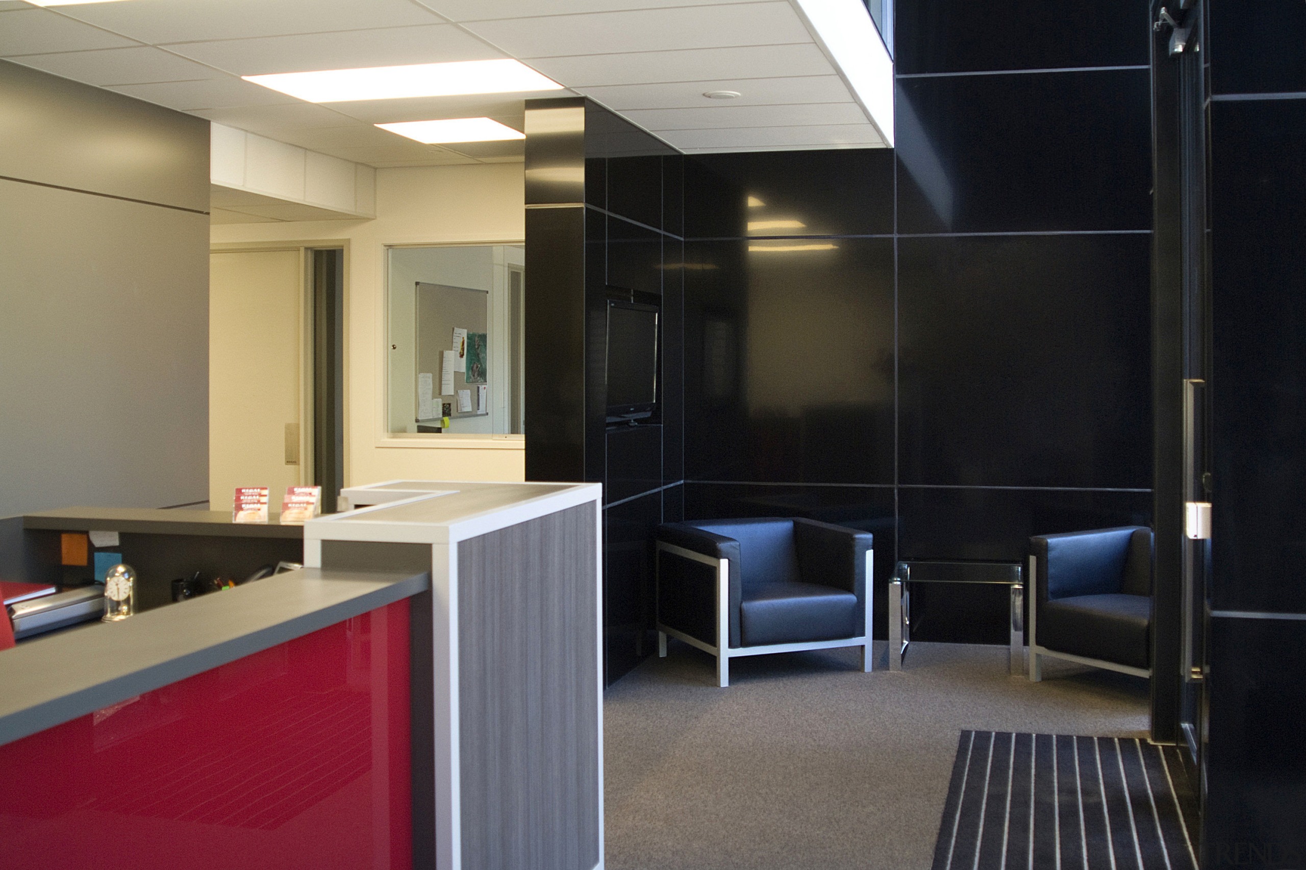 Interior view of the company's new office building ceiling, interior design, office, black, gray