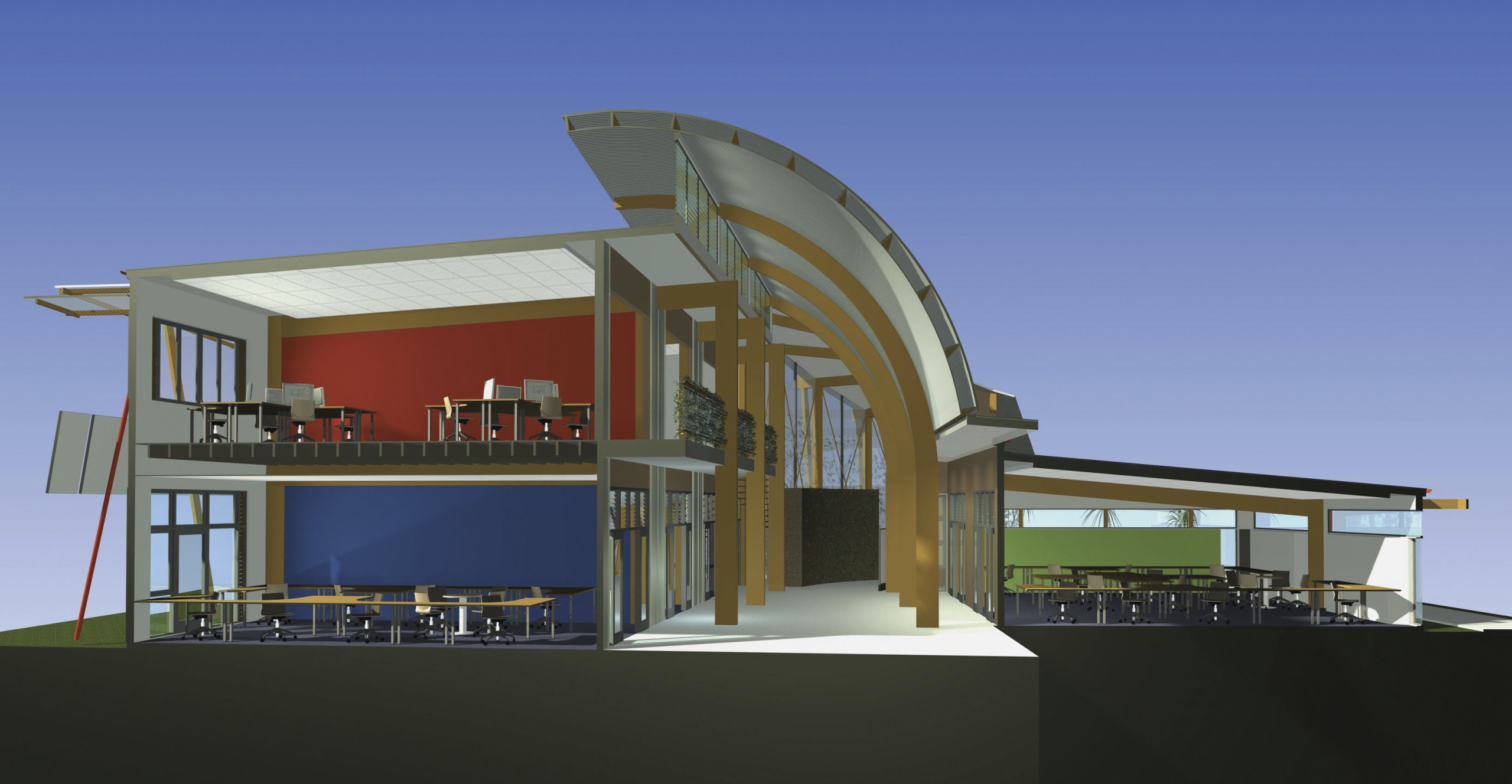 Conceptual drawing of a clean energy cemtre which architecture, building, elevation, home, house, sky, blue, black