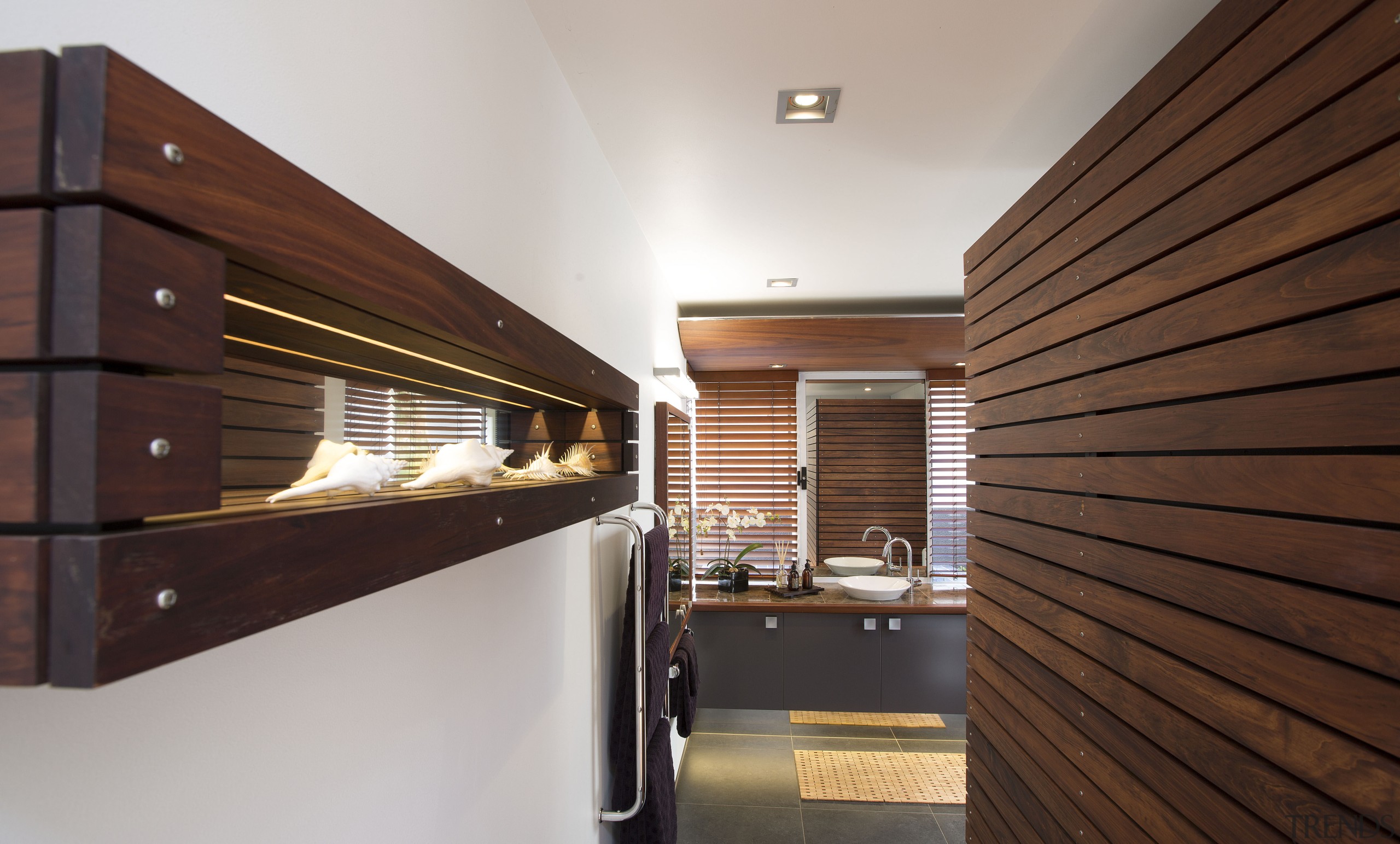 Timber slats stained in Resene Colorwood Mahogany bring architecture, ceiling, interior design, real estate, wood, gray