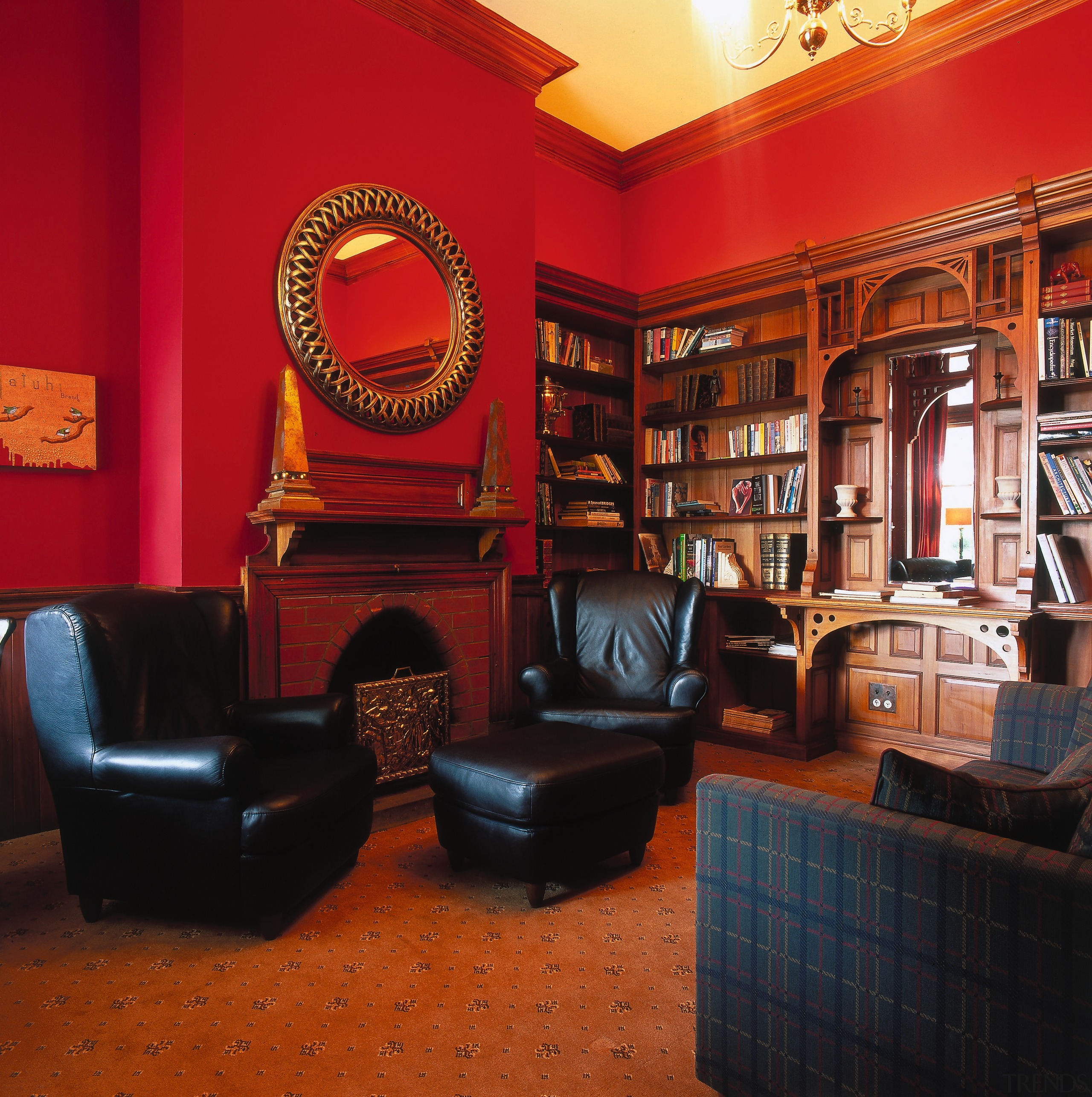 The view of a study - The view furniture, interior design, living room, red, black