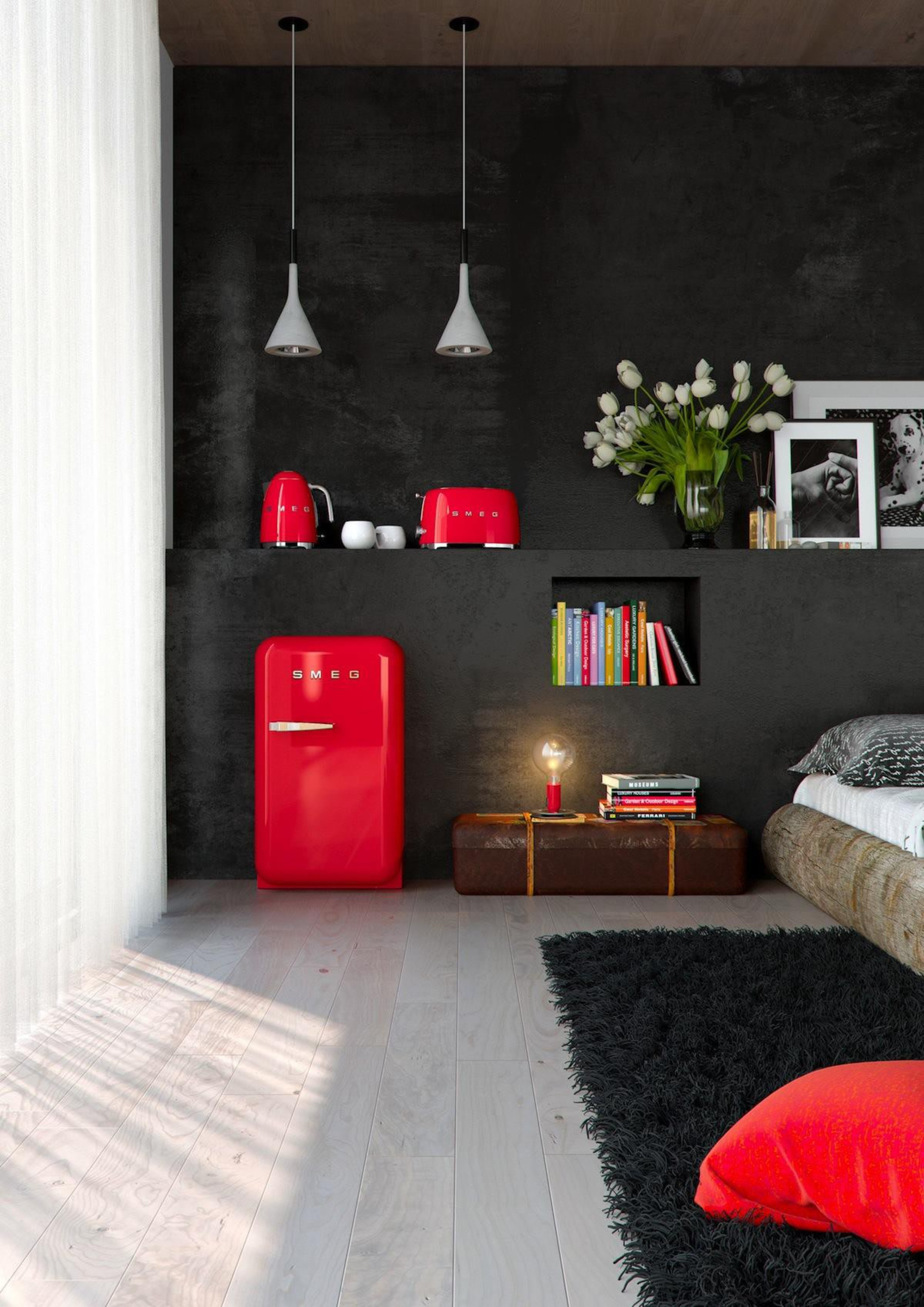 Smeg Retro Red Collection - Smeg Retro Red floor, furniture, interior design, light fixture, living room, product design, room, table, wall, black