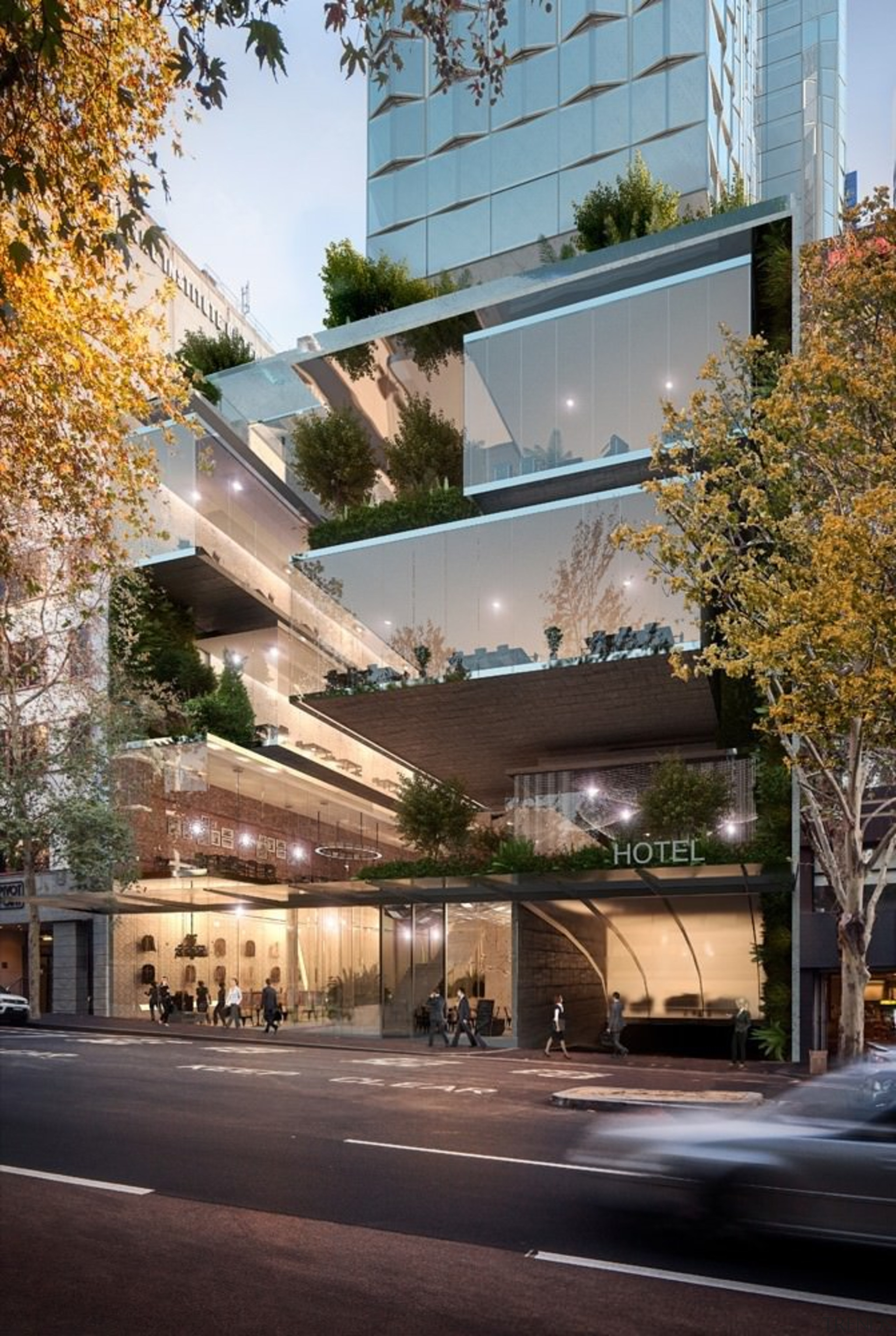 Gardens and glass make up the facade - apartment, architecture, building, city, commercial building, condominium, corporate headquarters, facade, home, house, metropolitan area, mixed use, neighbourhood, real estate, residential area, gray