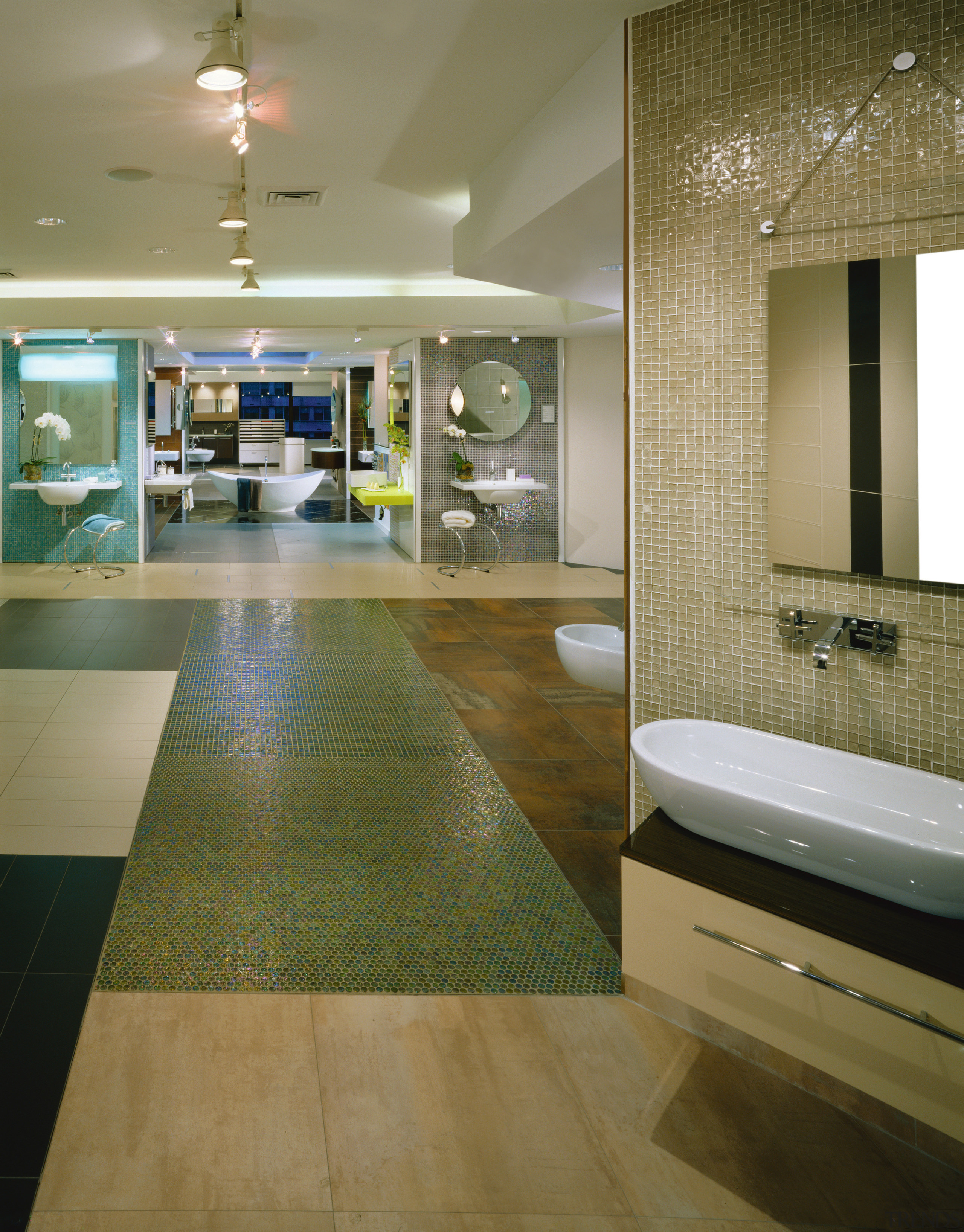 view of the bathroom showroom - view of architecture, bathroom, ceiling, floor, flooring, interior design, room, tile, wall, wood flooring, brown