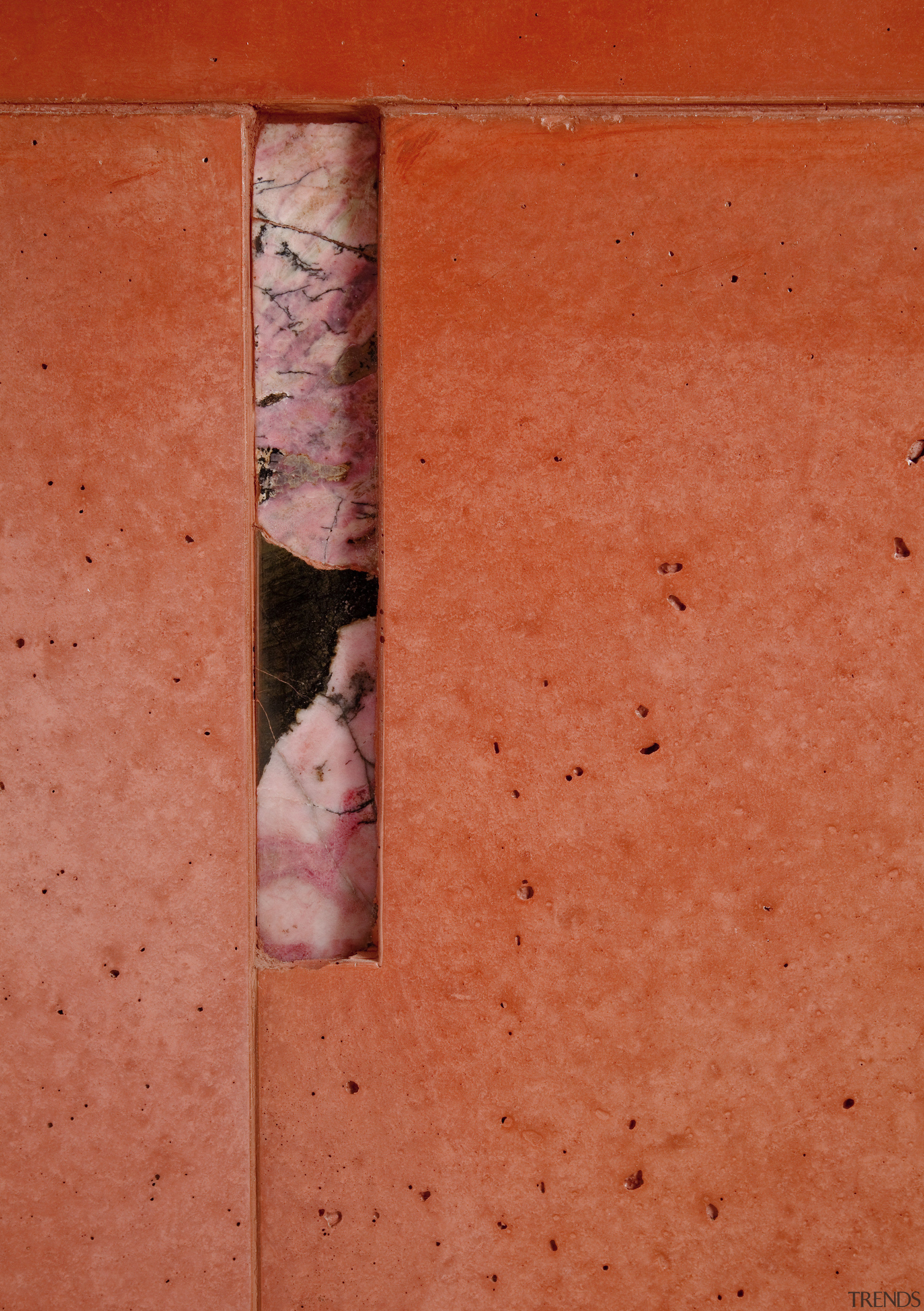 View of a remodeled kitchen with platinum grey floor, flooring, pink, red, texture, wall, wood, wood stain, red