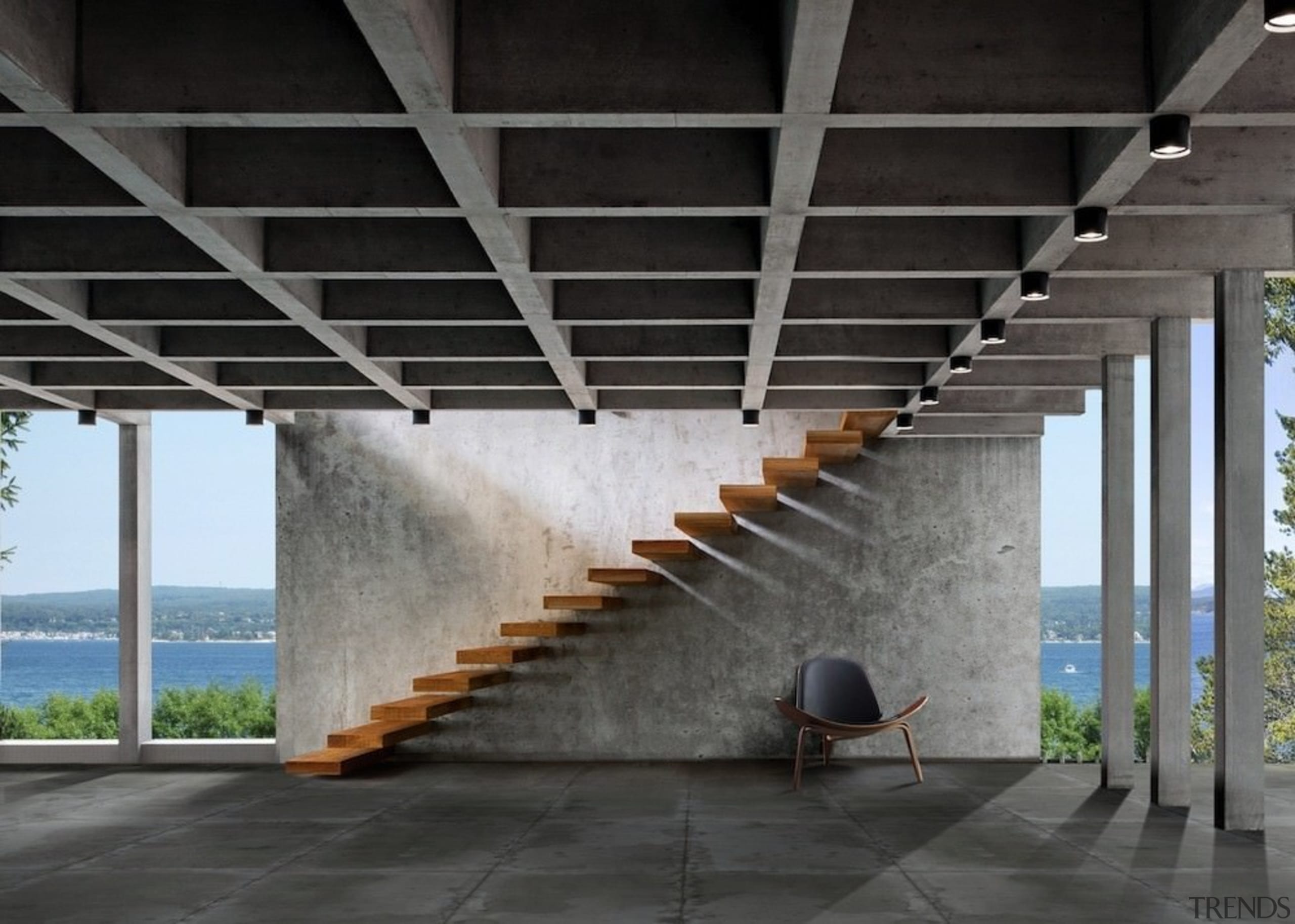 This floating staircase runs down an area with architecture, daylighting, structure, black, gray