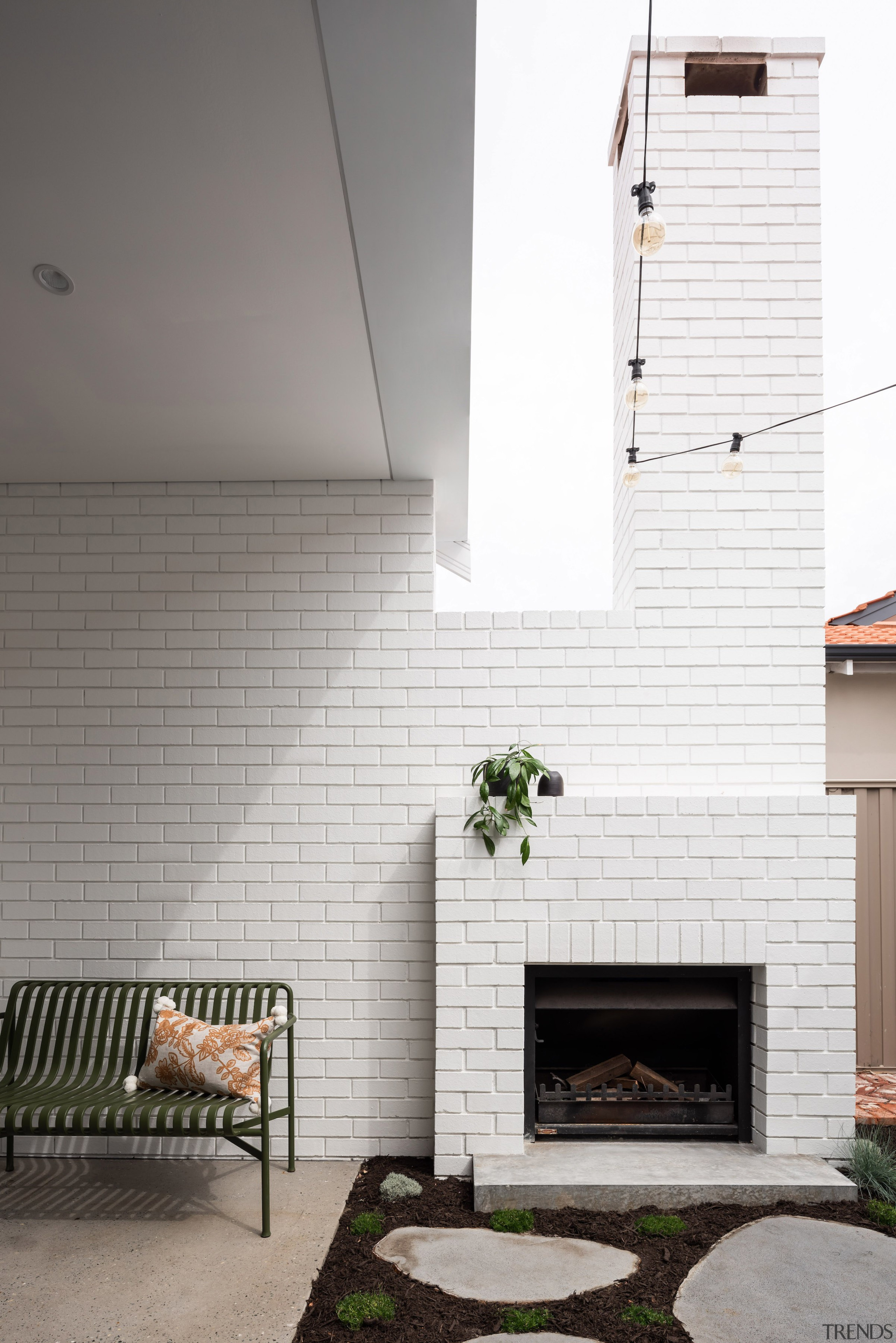 This indoor-look fireplace is actually outside. 