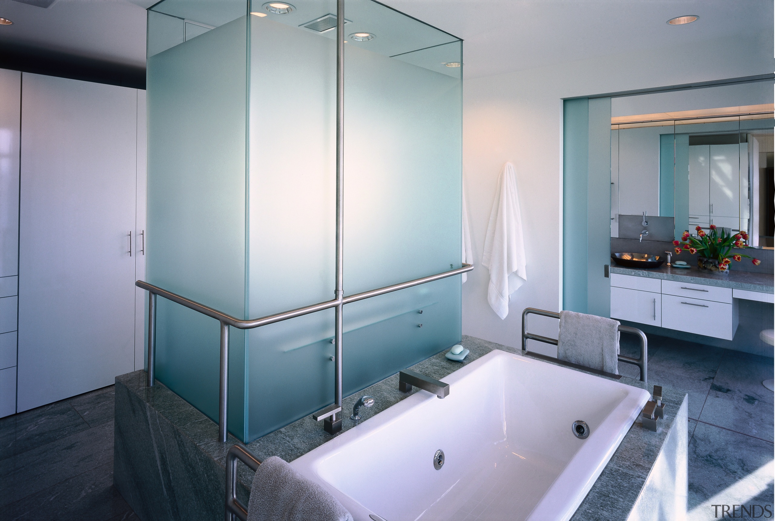 view of this bathroom featuring a large shower bathroom, glass, interior design, room, gray