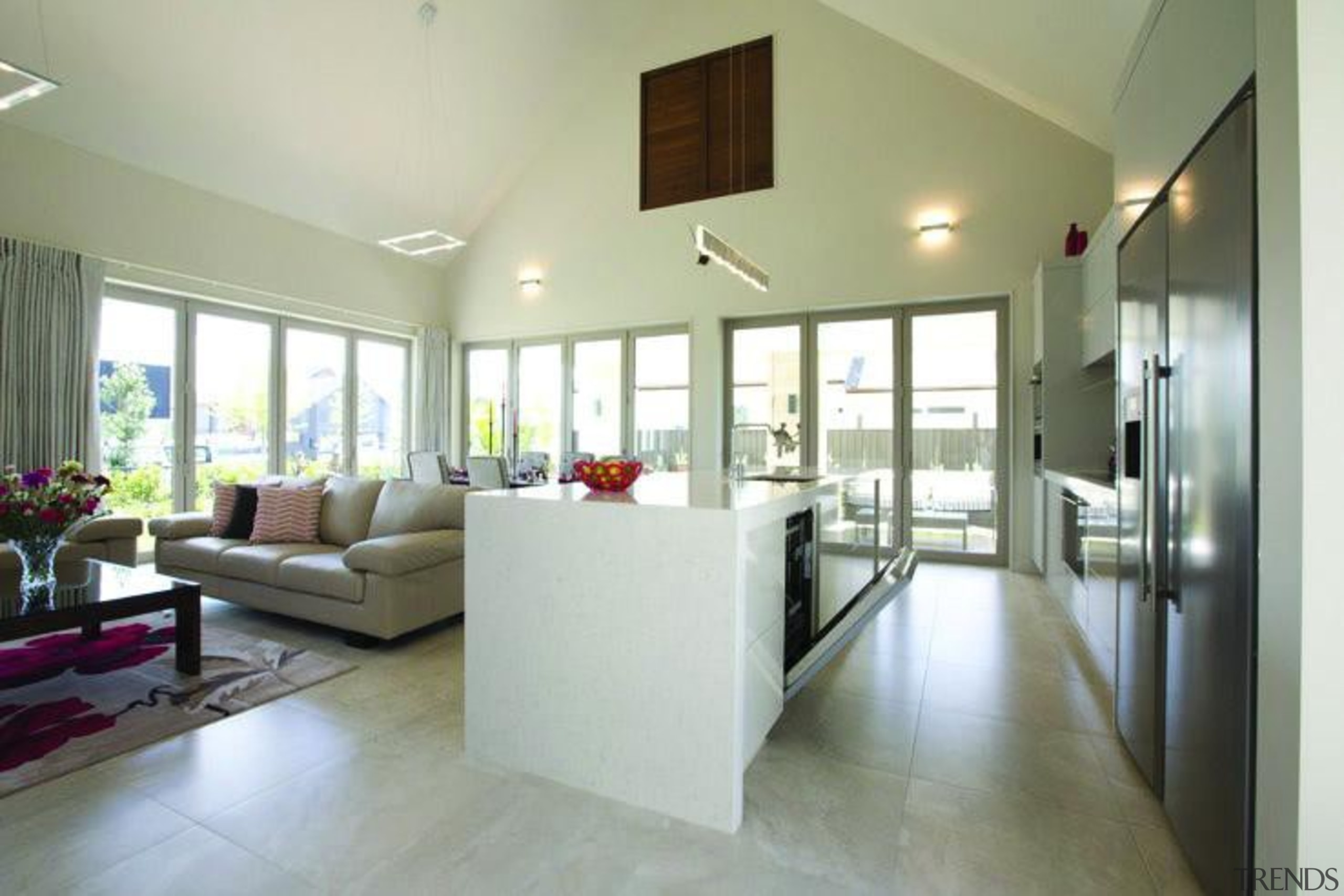 travertino bone kitchen floor tiles - Travertino Crosscut ceiling, daylighting, estate, floor, flooring, home, house, interior design, living room, property, real estate, room, window, gray, yellow