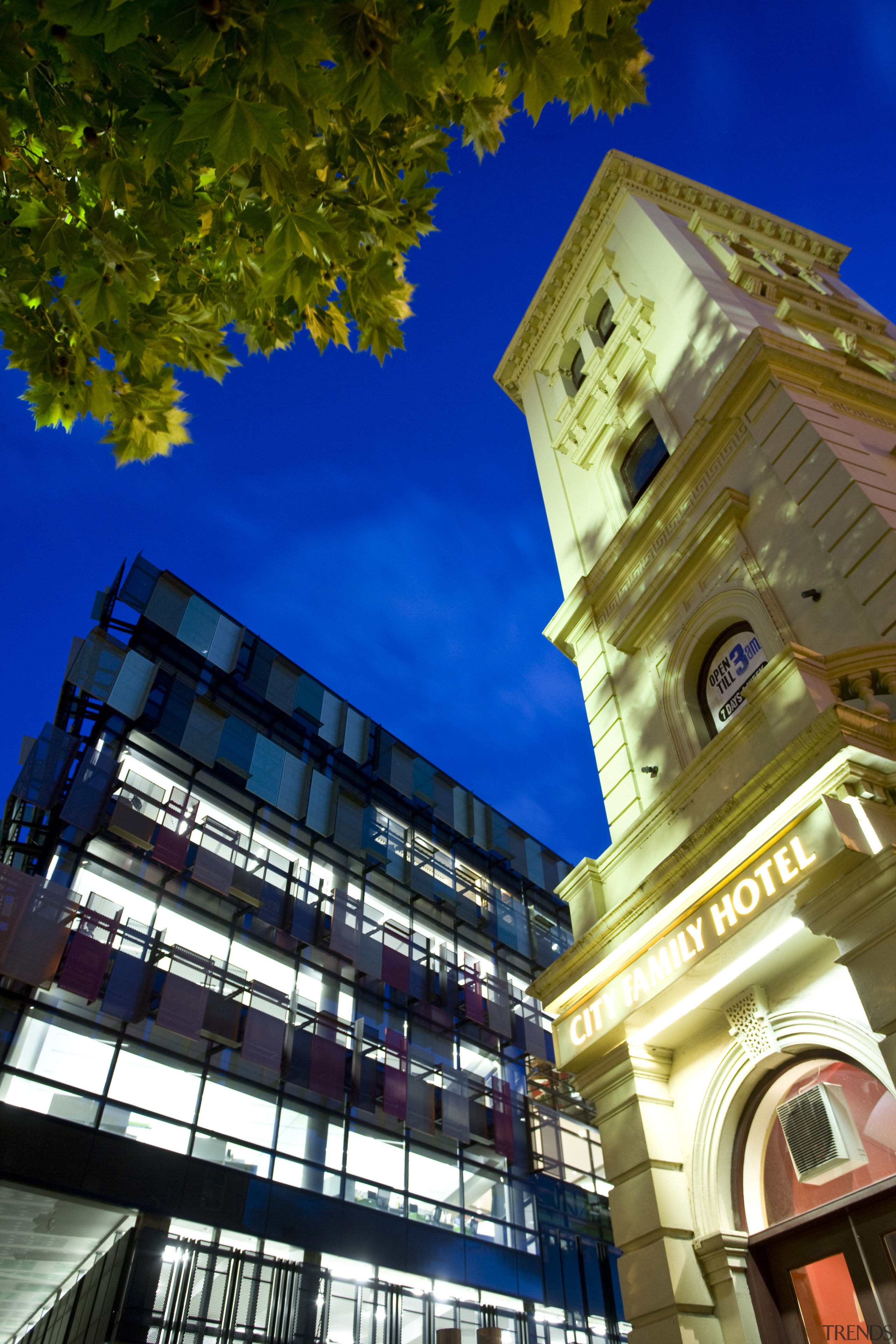 Exterior view of the Bendigo Bank sustainable building architecture, blue, building, city, daytime, facade, hotel, landmark, metropolis, metropolitan area, mixed use, night, sky, blue, brown