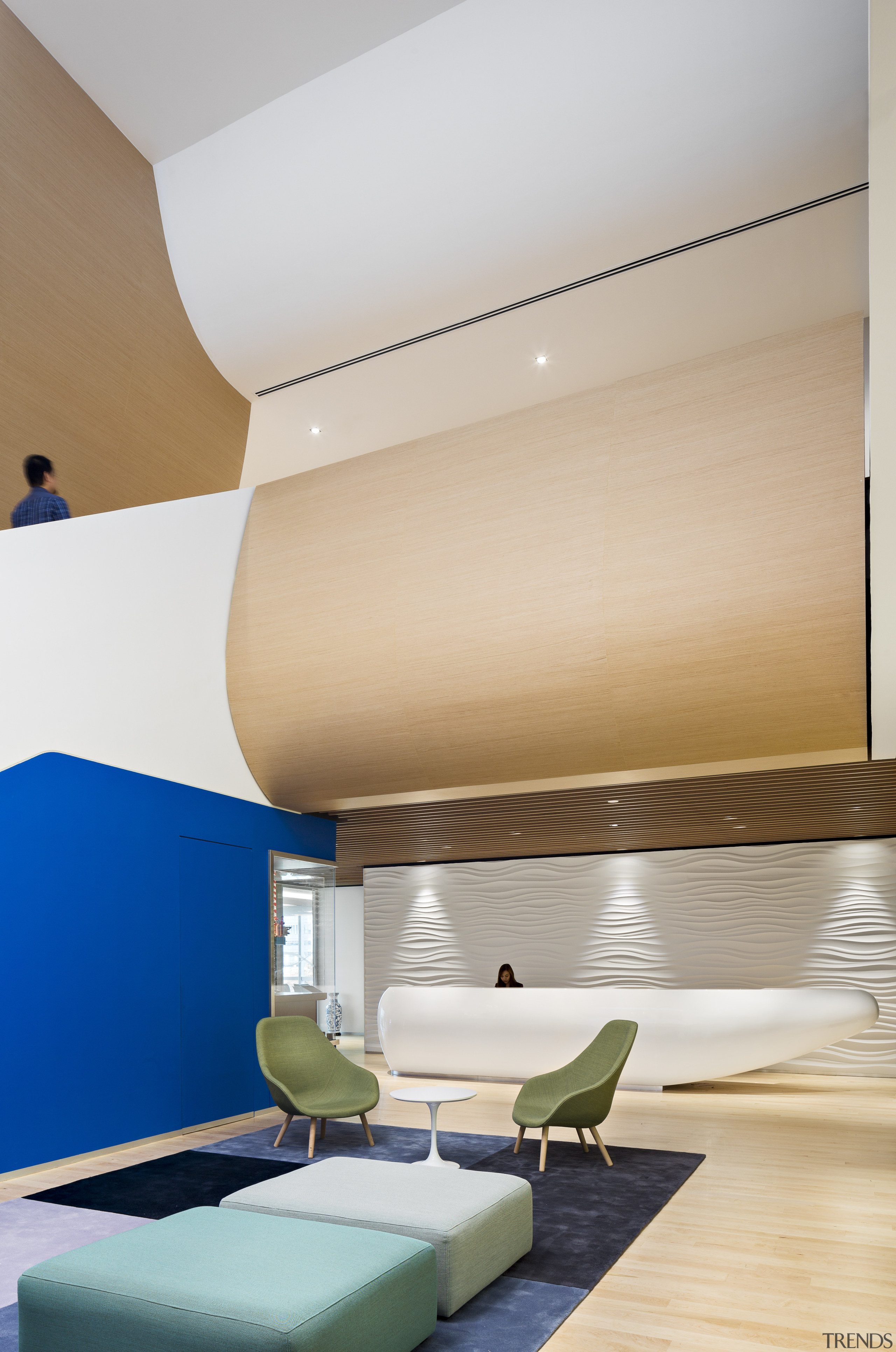 The fifth-floor reception lobby of the new head architecture, ceiling, daylighting, floor, house, interior design, lighting, product design, room, table, wall, wood, gray