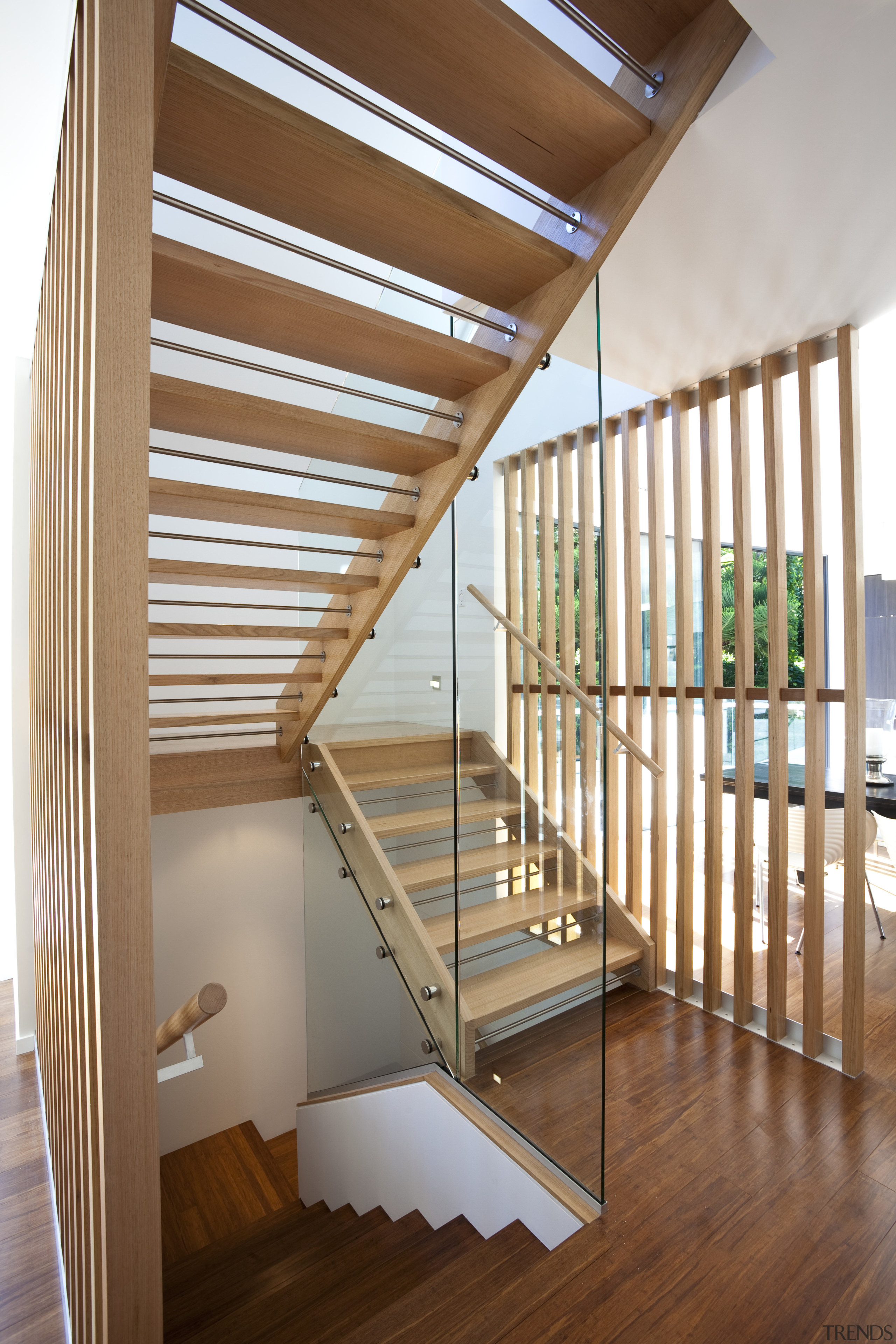 View of stairs from middle landing. - View architecture, baluster, bed frame, daylighting, floor, handrail, hardwood, interior design, real estate, stairs, structure, wood, brown, white