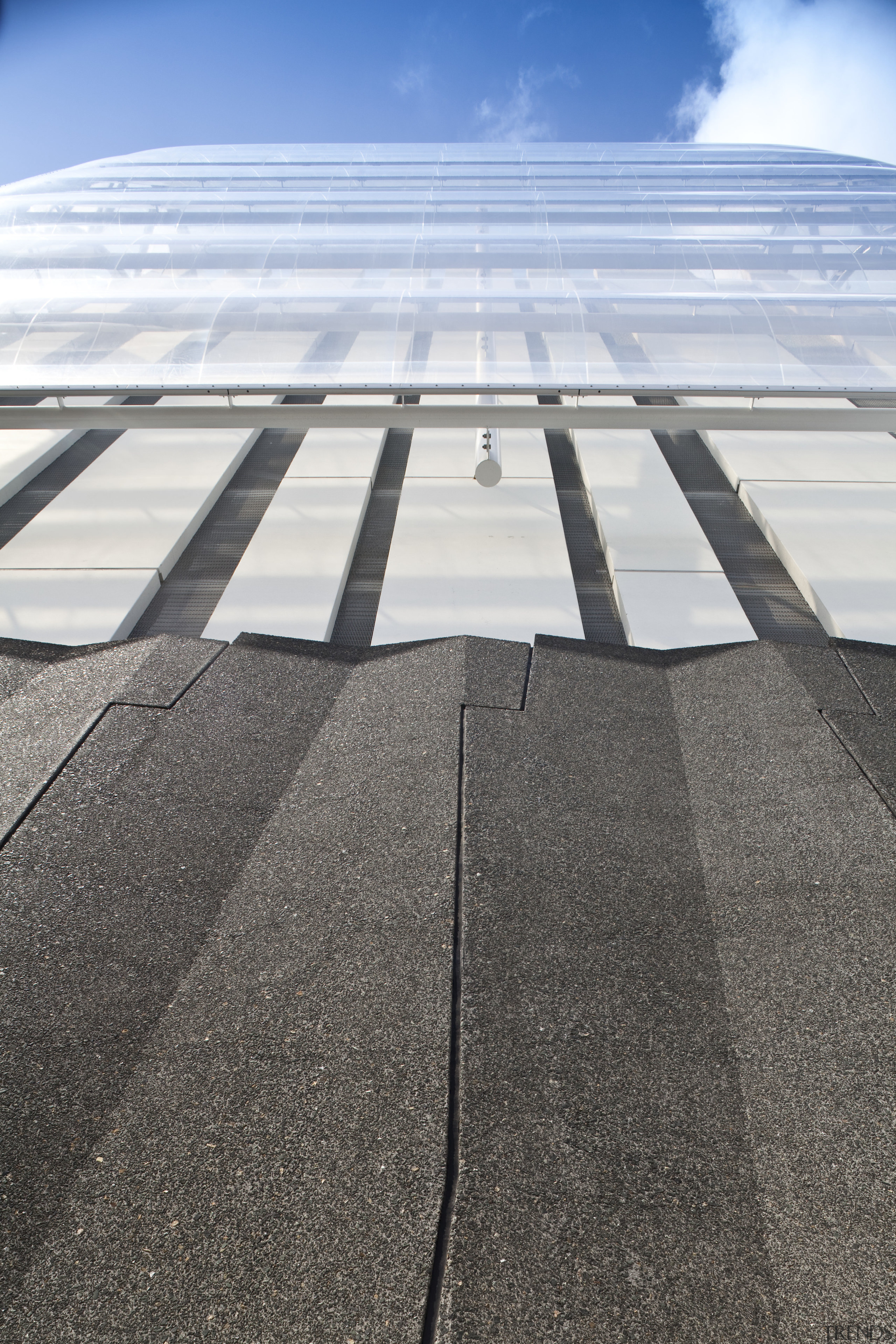 Exterior view of Eden Park which features precast architecture, asphalt, cloud, daylighting, daytime, fixed link, horizon, line, reflection, road surface, sky, structure, sunlight, white, gray