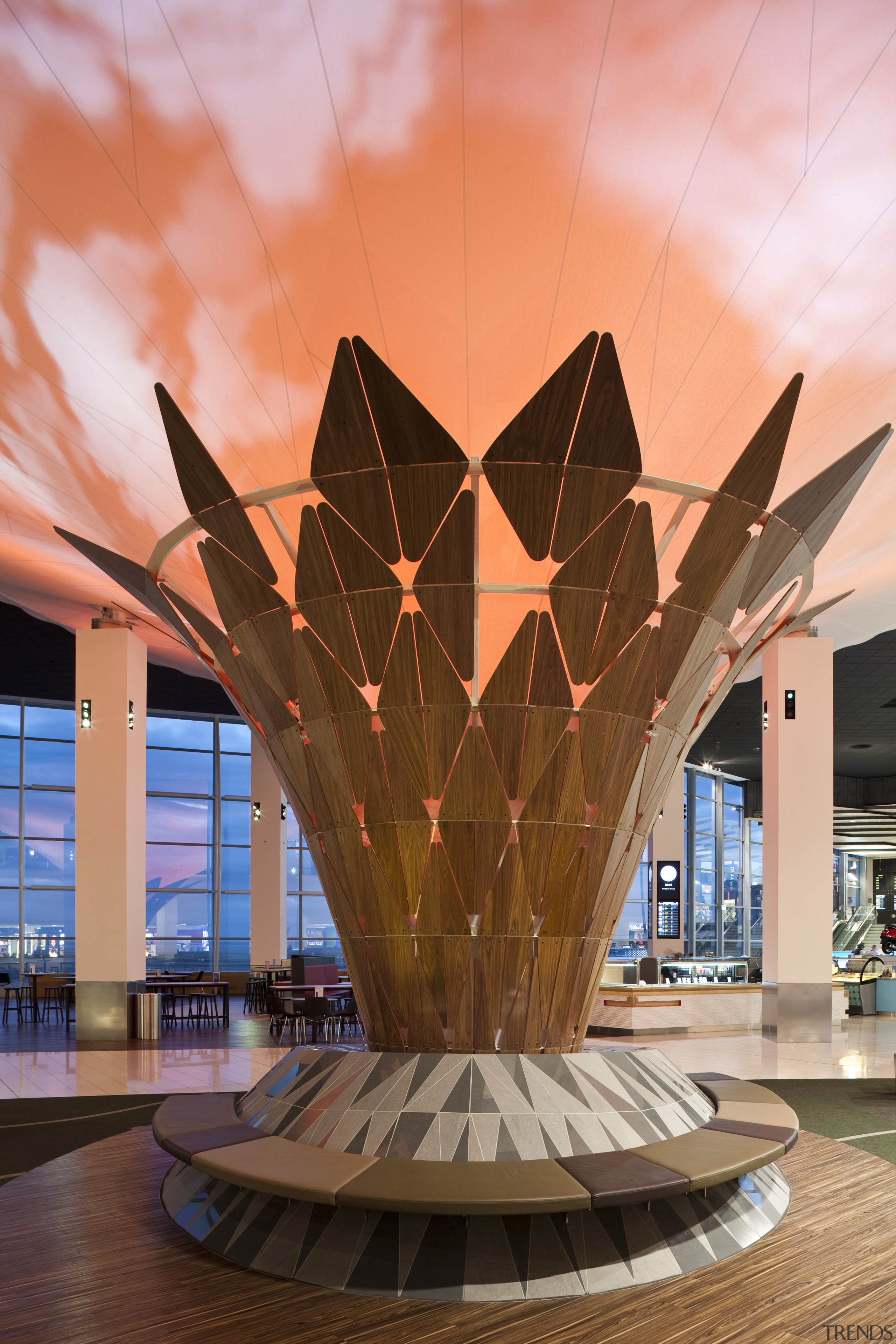 View of Auckland International Airport centrepiece, resembling the architecture, building, sky, structure, brown, orange