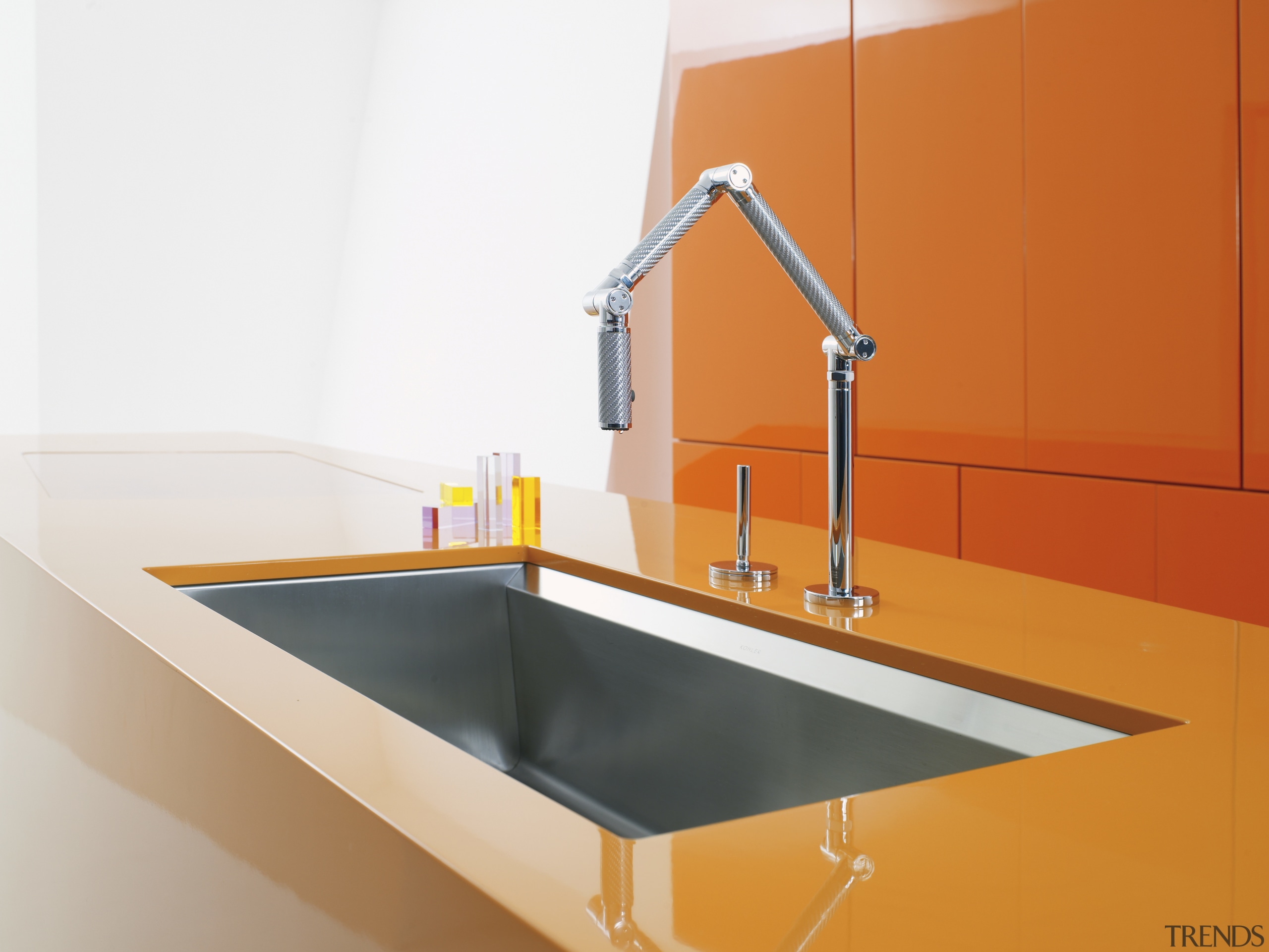 Image of Kohler's new 8 Degree stainless steel angle, bathroom sink, orange, plumbing fixture, product design, sink, tap, orange, white