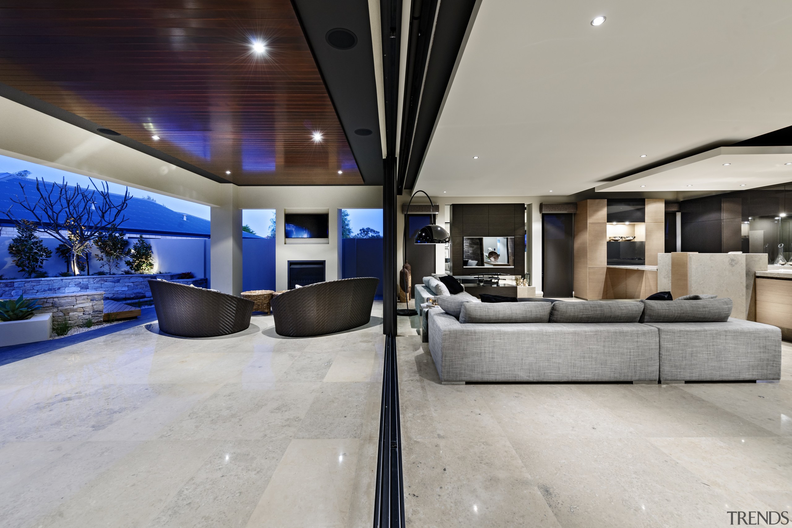 Kitchen connects with living spaces by shared palette ceiling, interior design, gray