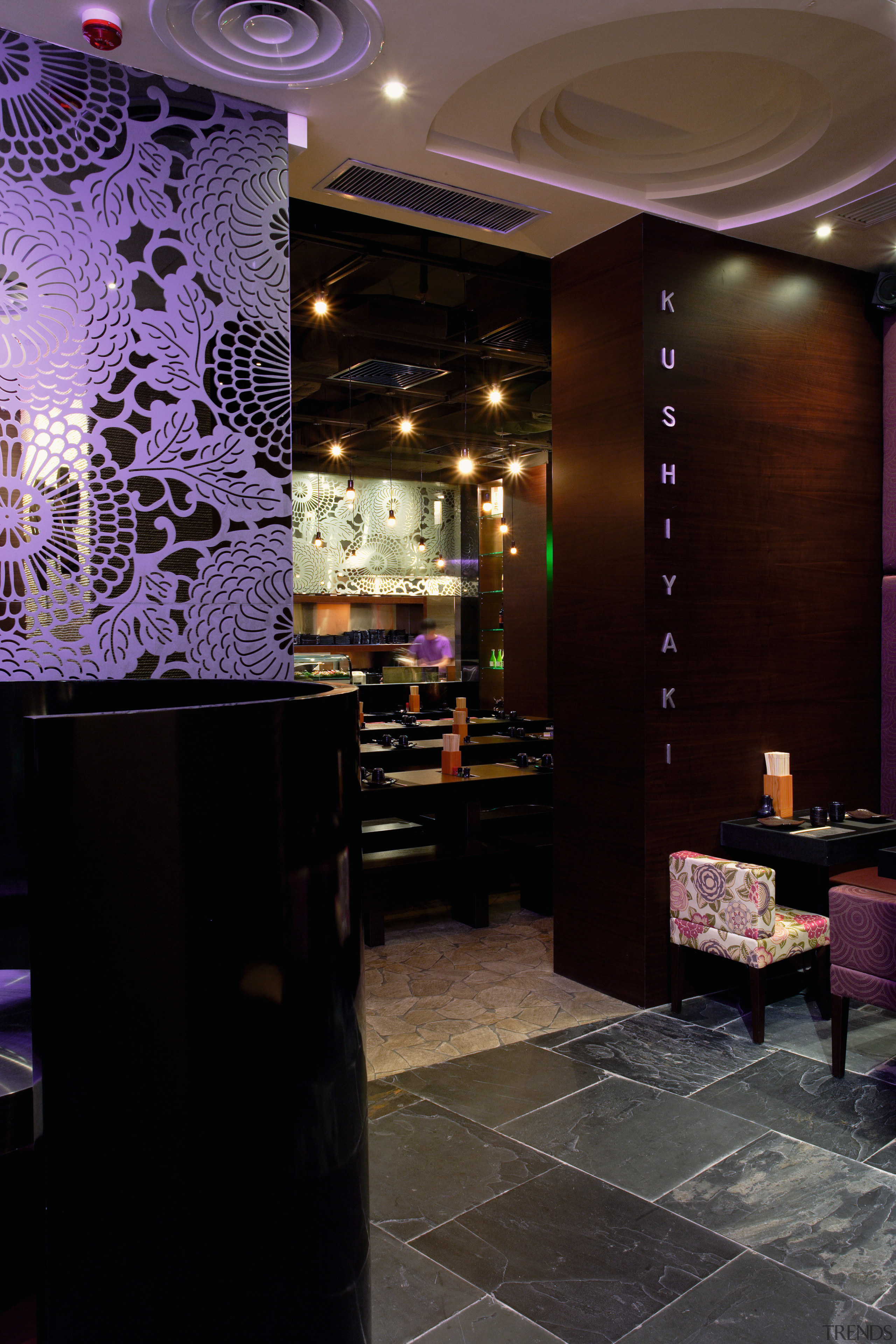 view of this japanes restaurant wher the owners bar, interior design, lighting, lobby, purple, restaurant, black