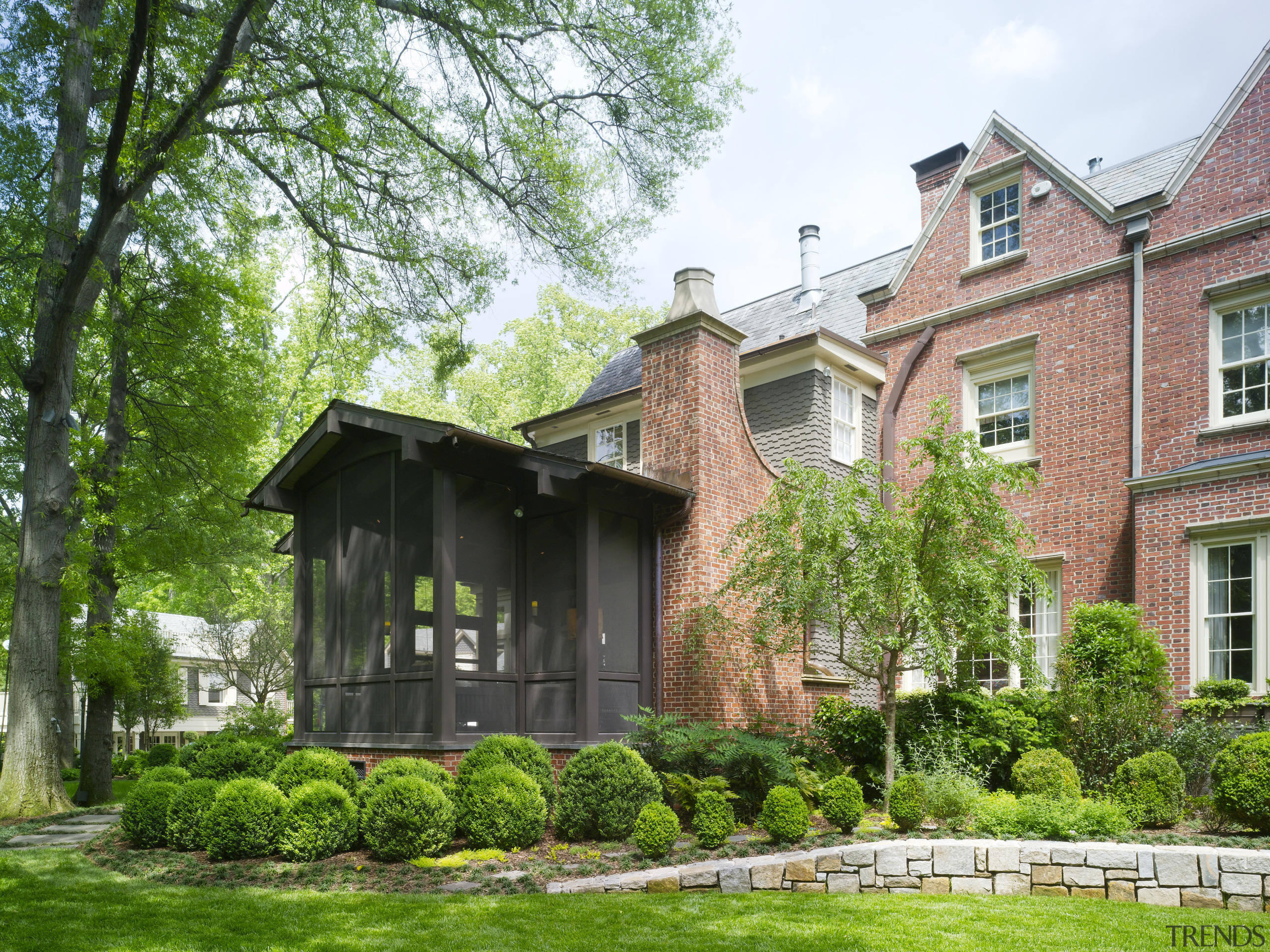 Entrance way featuring beautiful mature gardens - Entrance building, cottage, estate, facade, grass, historic house, home, house, landscaping, lawn, mansion, neighbourhood, property, real estate, residential area, tree, villa, green, white