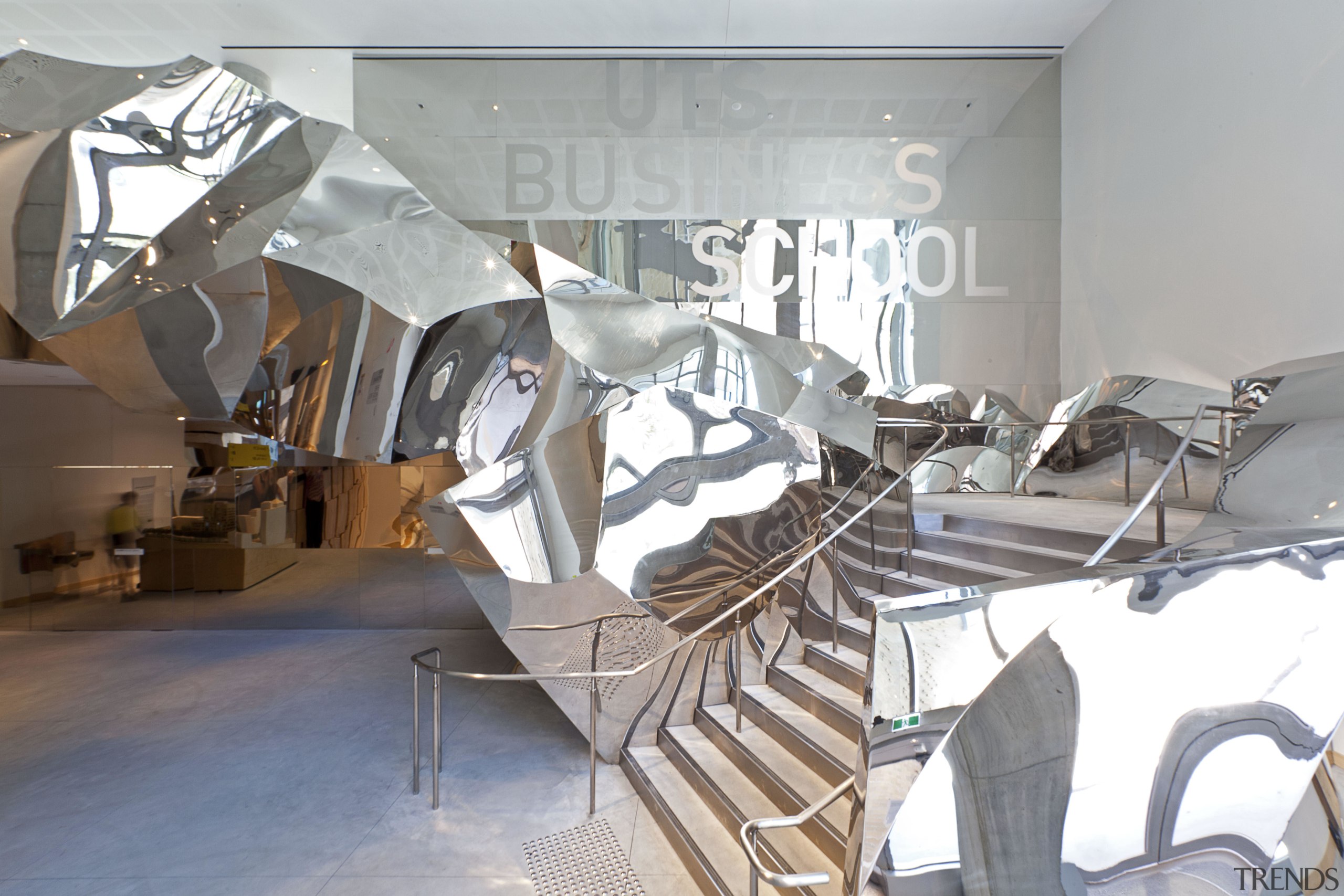 Crumpled polished stainless steel forms the balustrading on interior design, product design, structure, gray