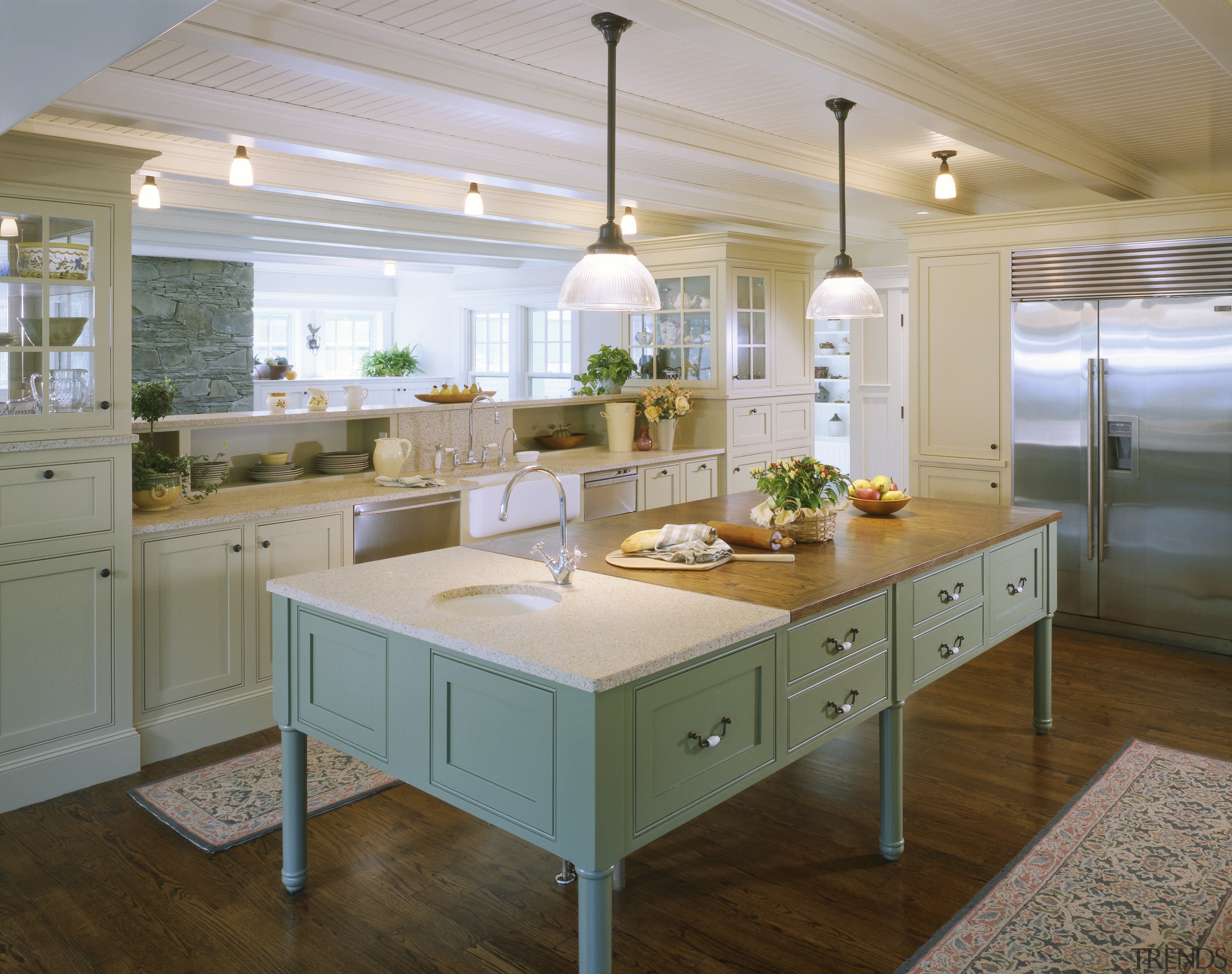 View of the kitchen, oak floors, lights, granite cabinetry, countertop, cuisine classique, flooring, interior design, kitchen, room, gray, brown
