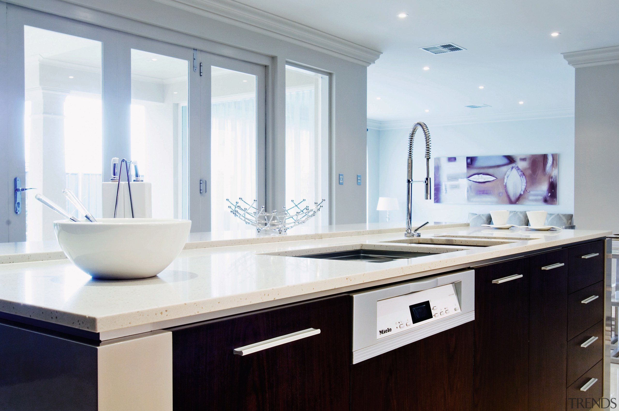 A view of the kitcyhen area,  wooden bathroom, countertop, interior design, kitchen, room, sink, window, white