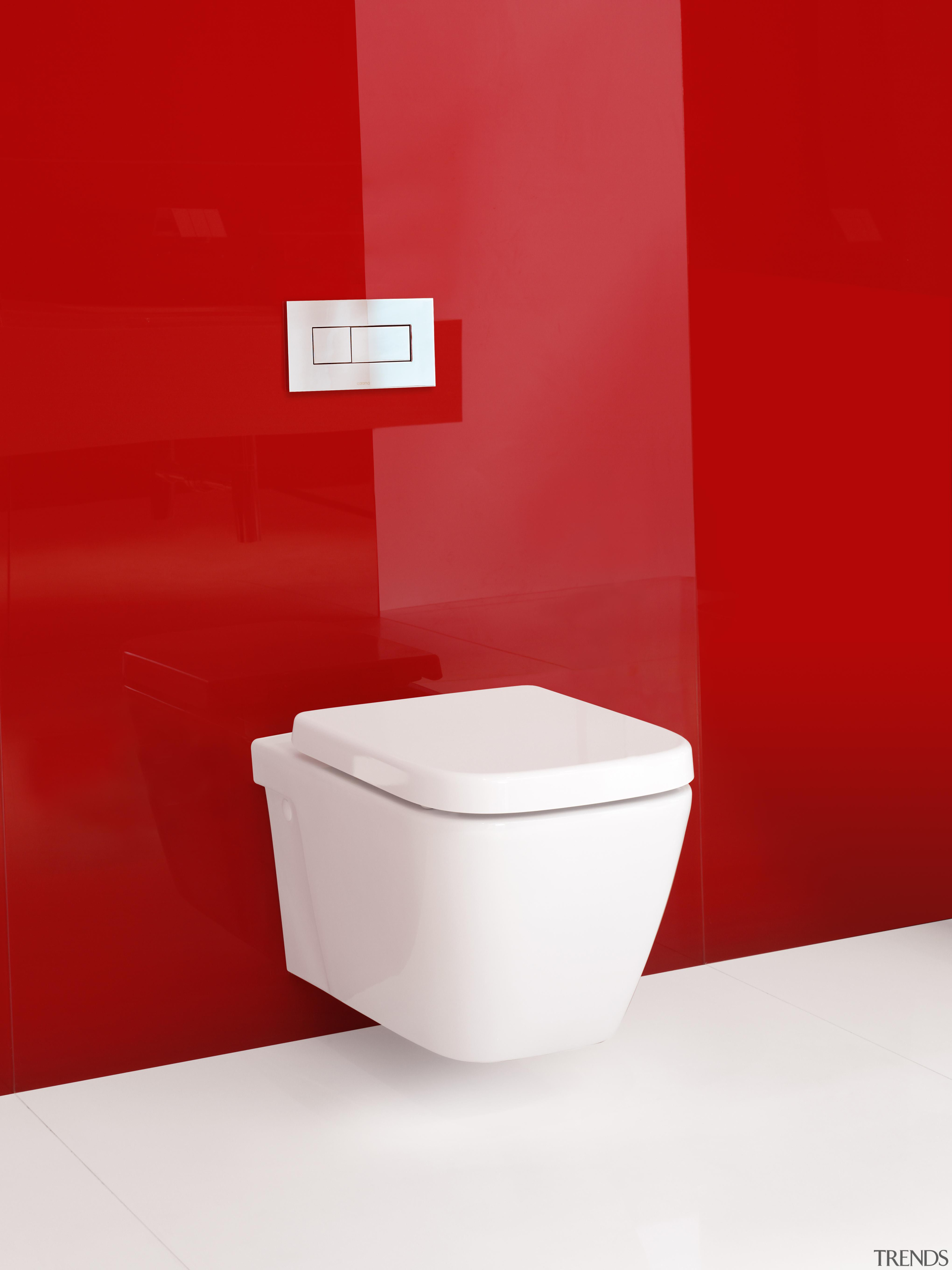 Caroma Cube Wall Hung Invisi II toilet suite: angle, bidet, ceramic, plumbing fixture, product, product design, red, tap, toilet, toilet seat, red, white