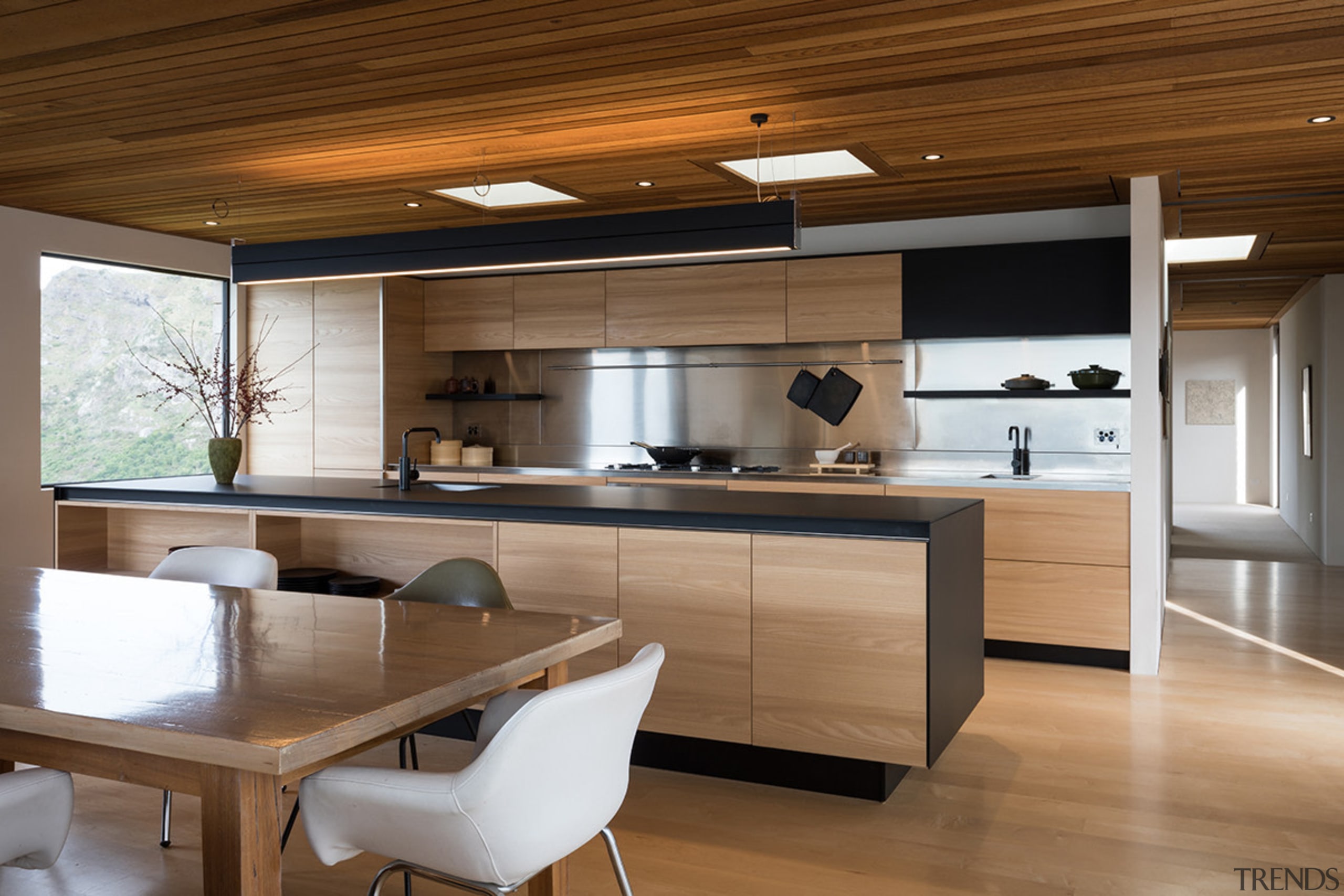 The warmth of wood meets the cool of countertop, cuisine classique, interior design, kitchen, brown
