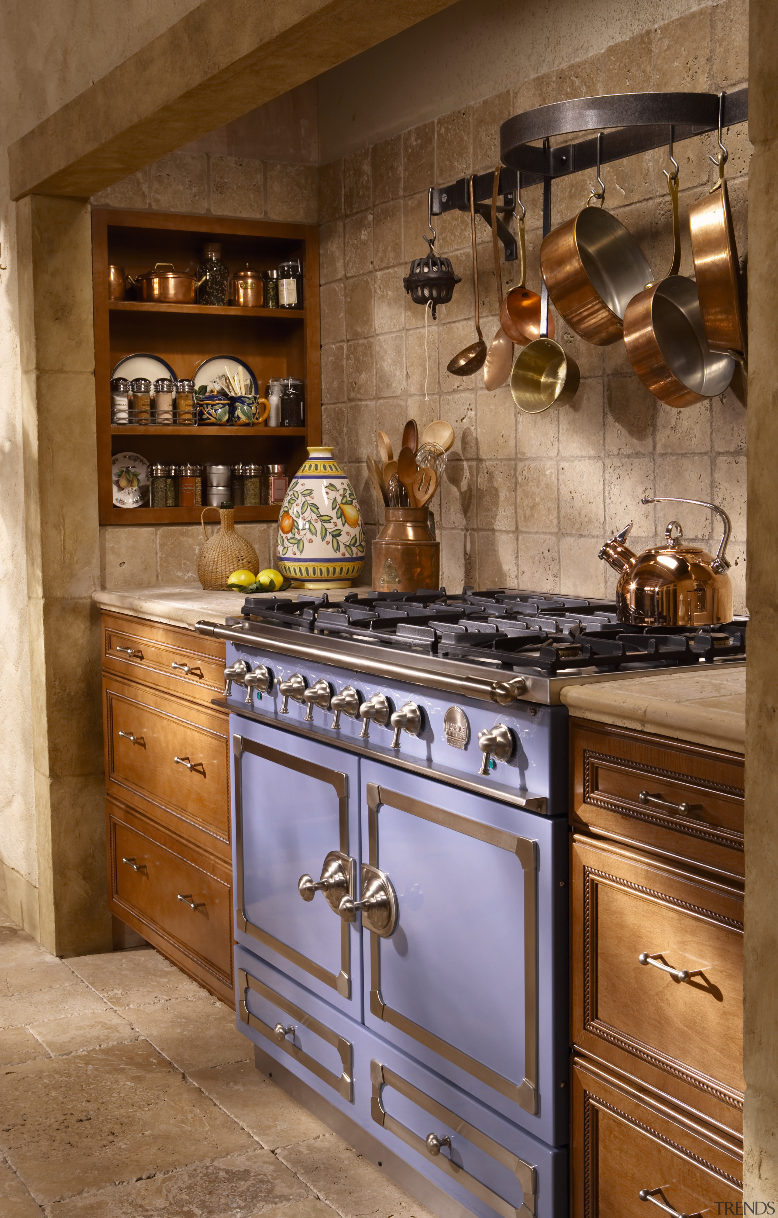 Traditional style kitchen with wood cabinetry, stone walls cabinetry, countertop, cuisine classique, furniture, interior design, kitchen, brown