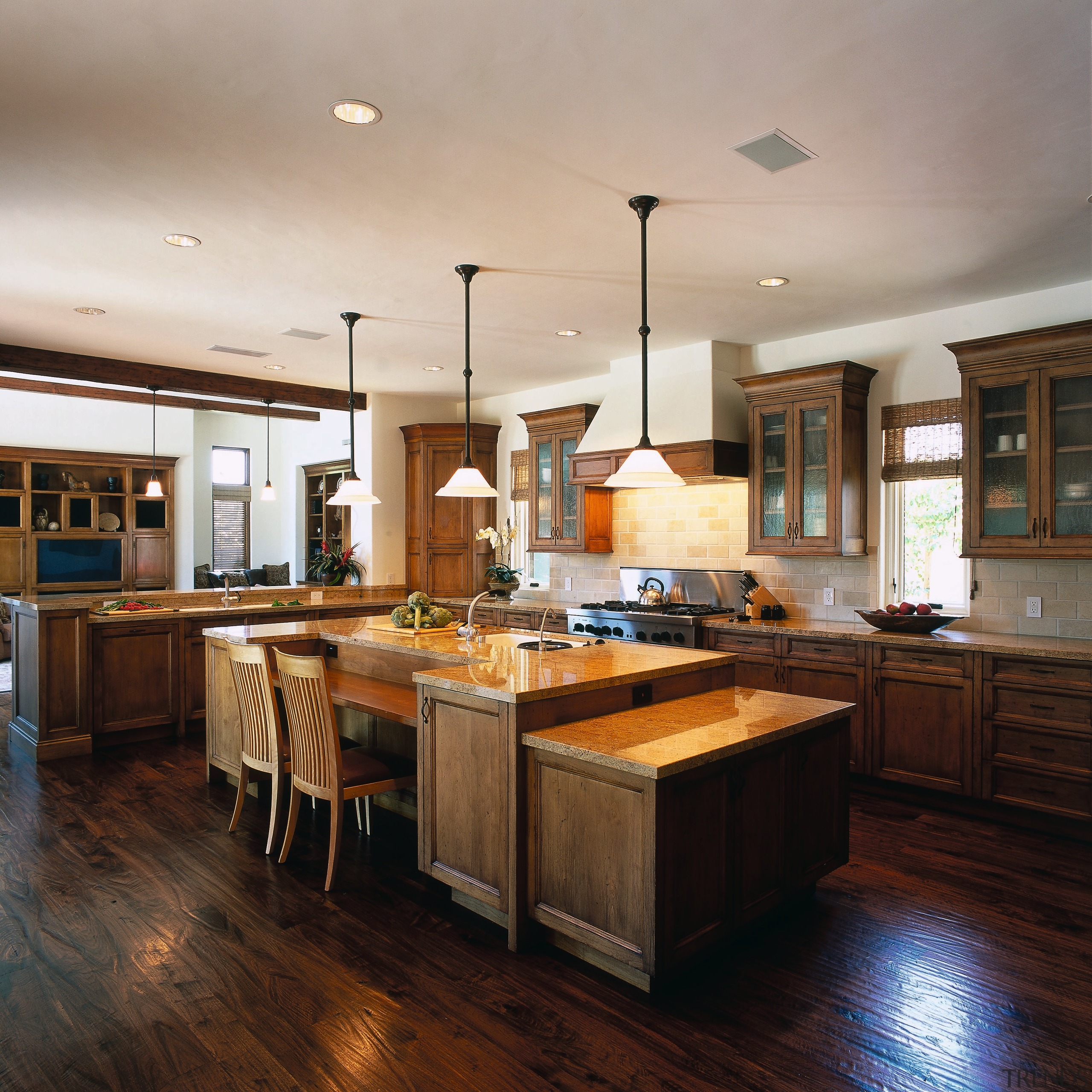 View of the kitchen area of this home cabinetry, ceiling, countertop, cuisine classique, floor, flooring, hardwood, interior design, kitchen, laminate flooring, room, wood, wood flooring, gray, black