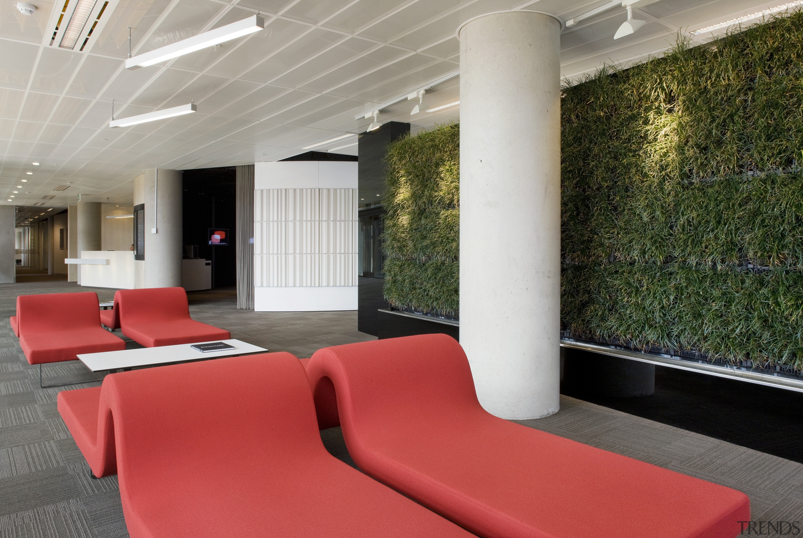 view of the reception area with custom red architecture, ceiling, interior design, lobby, real estate, gray